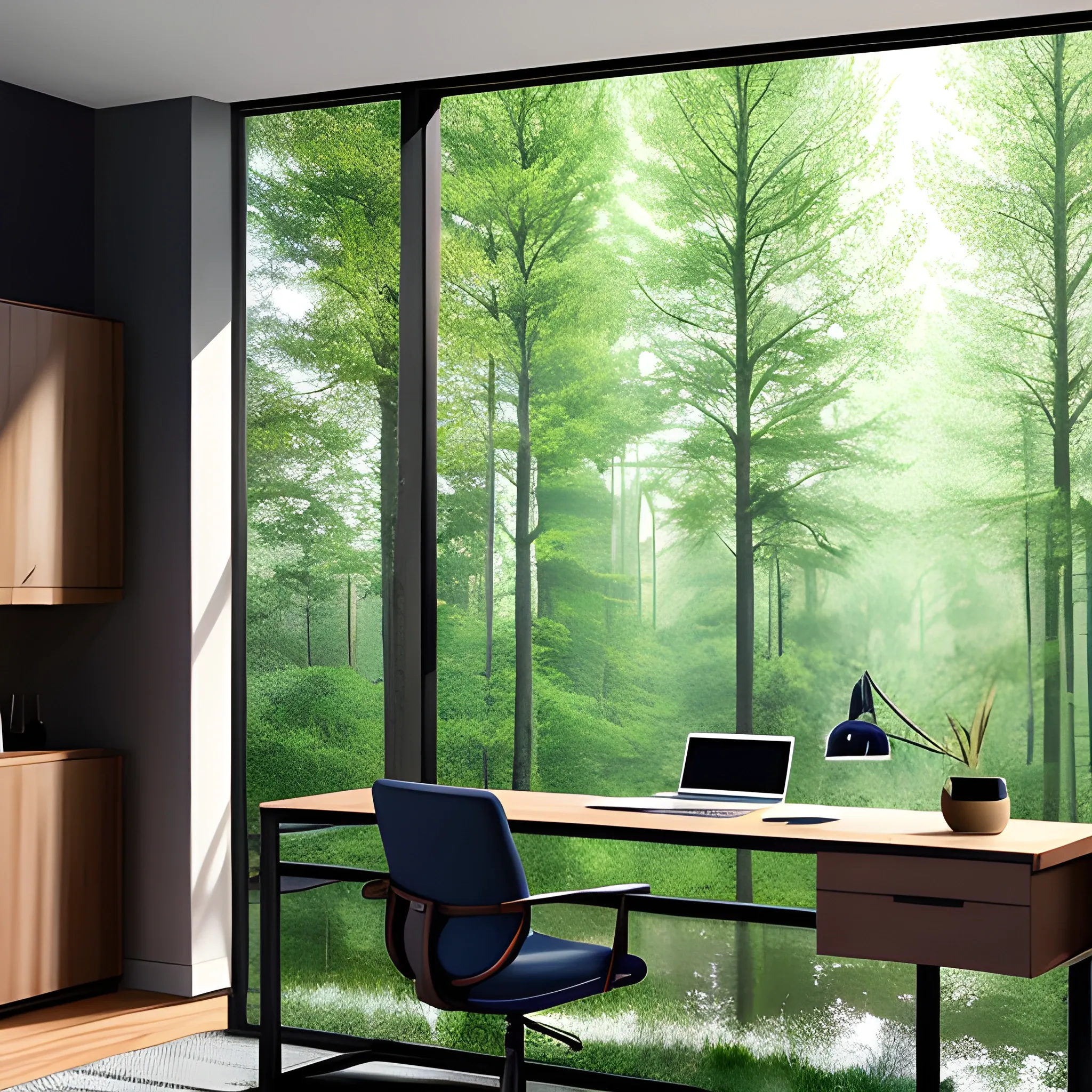 Indoor view of a wooden office in a beautiful modern and very contemporary house, from behind a long desk that has very little on it and is smaller compared to the room size. Furniture and decoration are contemporary and sleek design. Walls are dark navy. Leather furniture. Dyrmann, in the style of captures the essence of nature. There are large windows that display the view into the woods, subtle luminosity, captures the essence of nature. Meticulously crafted scenes. Photographic style. High details. very realistic. 8k, full details --ar 16:9 --uplight --s 750 --v 5