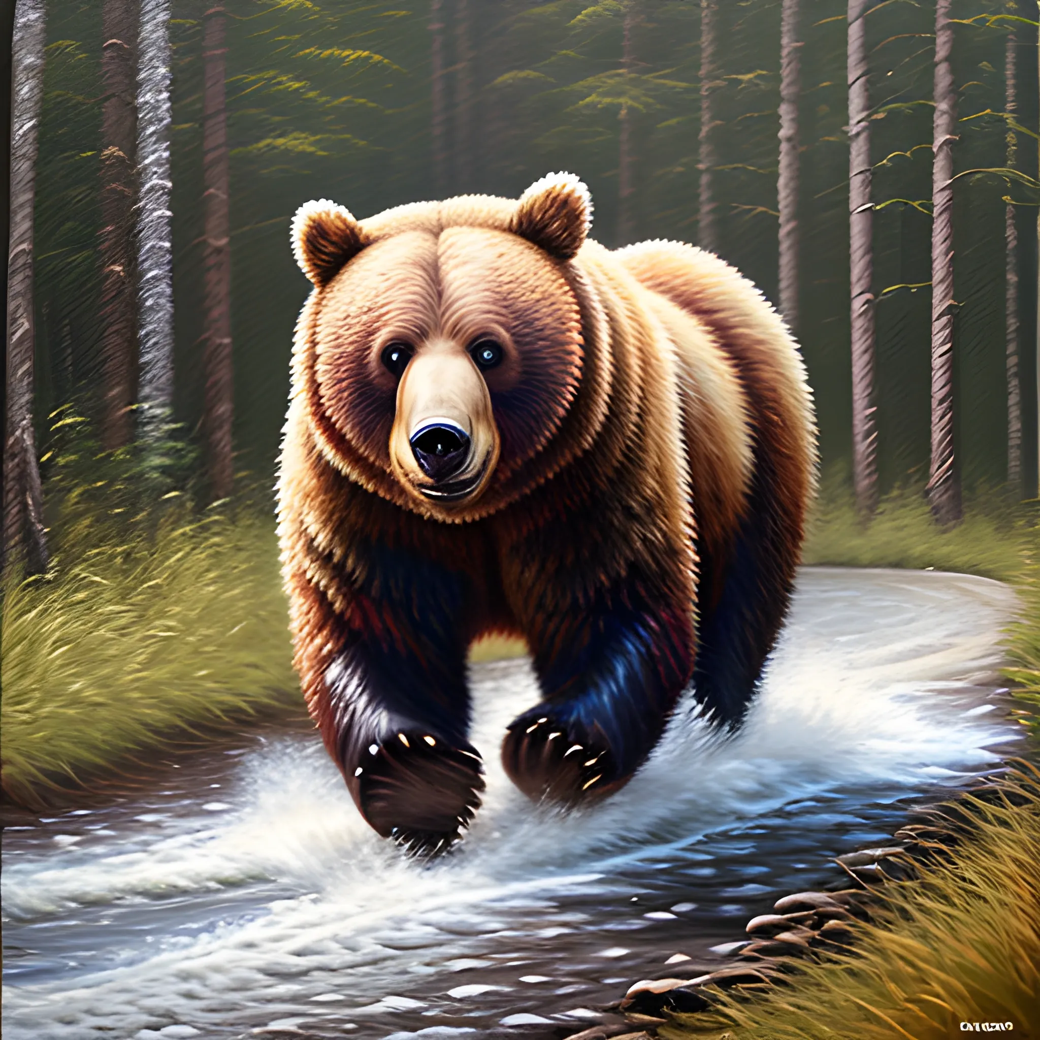 , Oil Painting, cinematic scenery of a huge bear running through a forest at high speeds