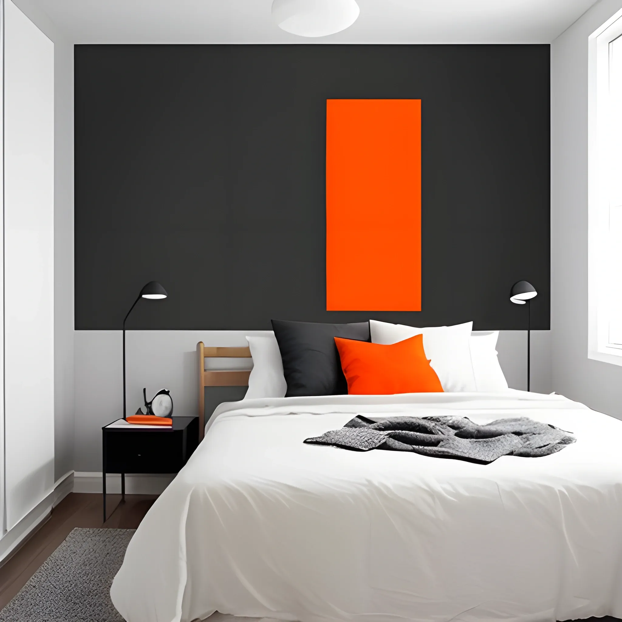 una pared extensa pintada con los colores naranja y gris con un toque de negro, crear un arte minimalista