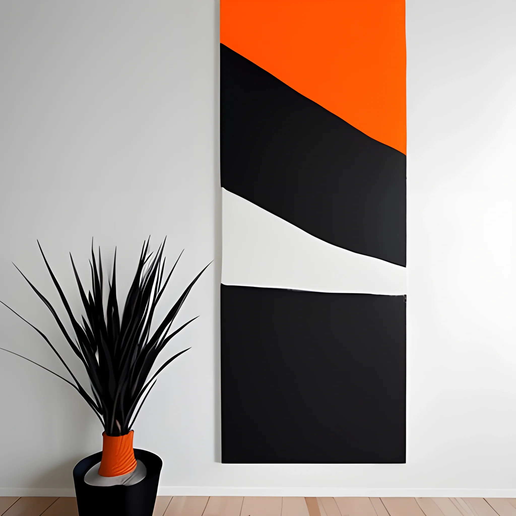 una pared extensa pintada con los colores naranja y gris con un toque de negro, crear un arte minimalista