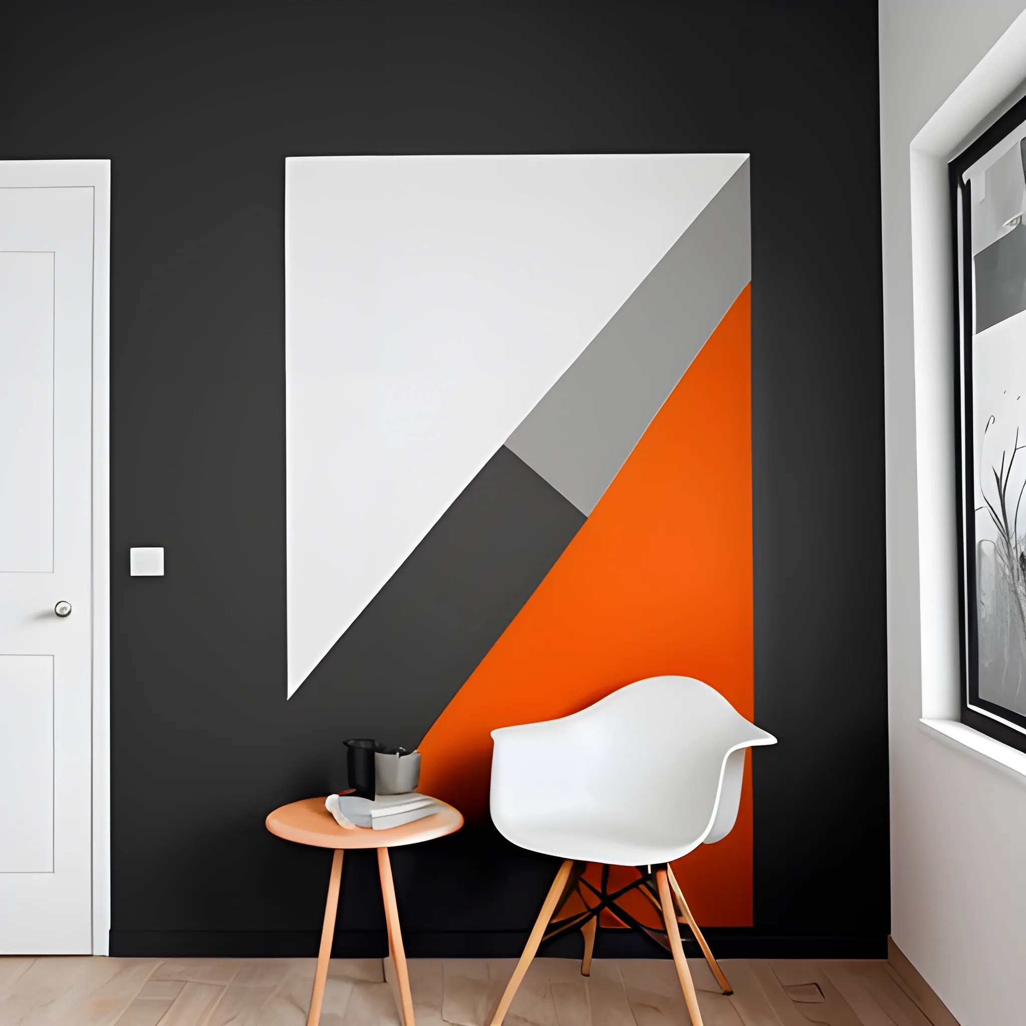 una pared extensa pintada con los colores naranja y gris con un toque de negro, crear un arte minimalista