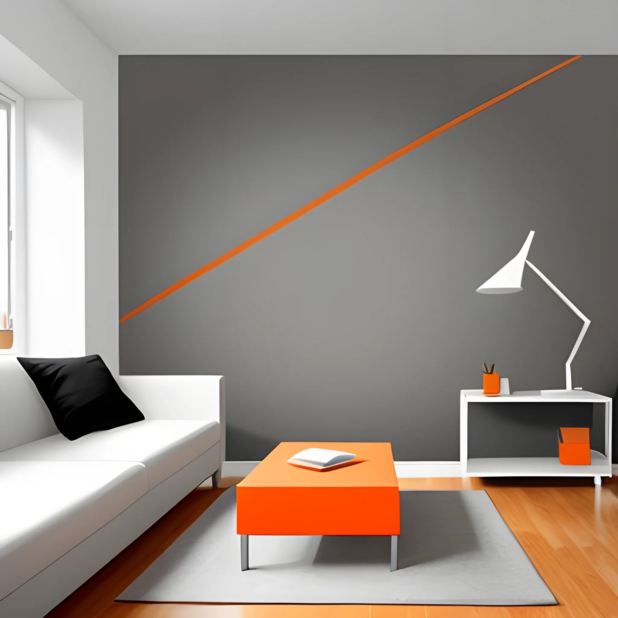 pintar una pared grande con los colores "gris" y "naranja" con un diseño minimalista moderno