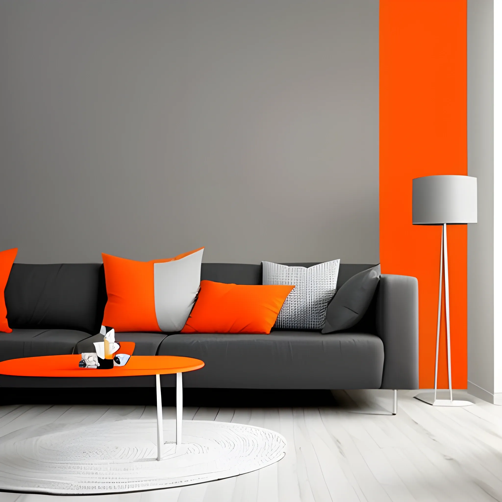 pintar una pared grande con los colores "gris" y "naranja" con un diseño minimalista moderno