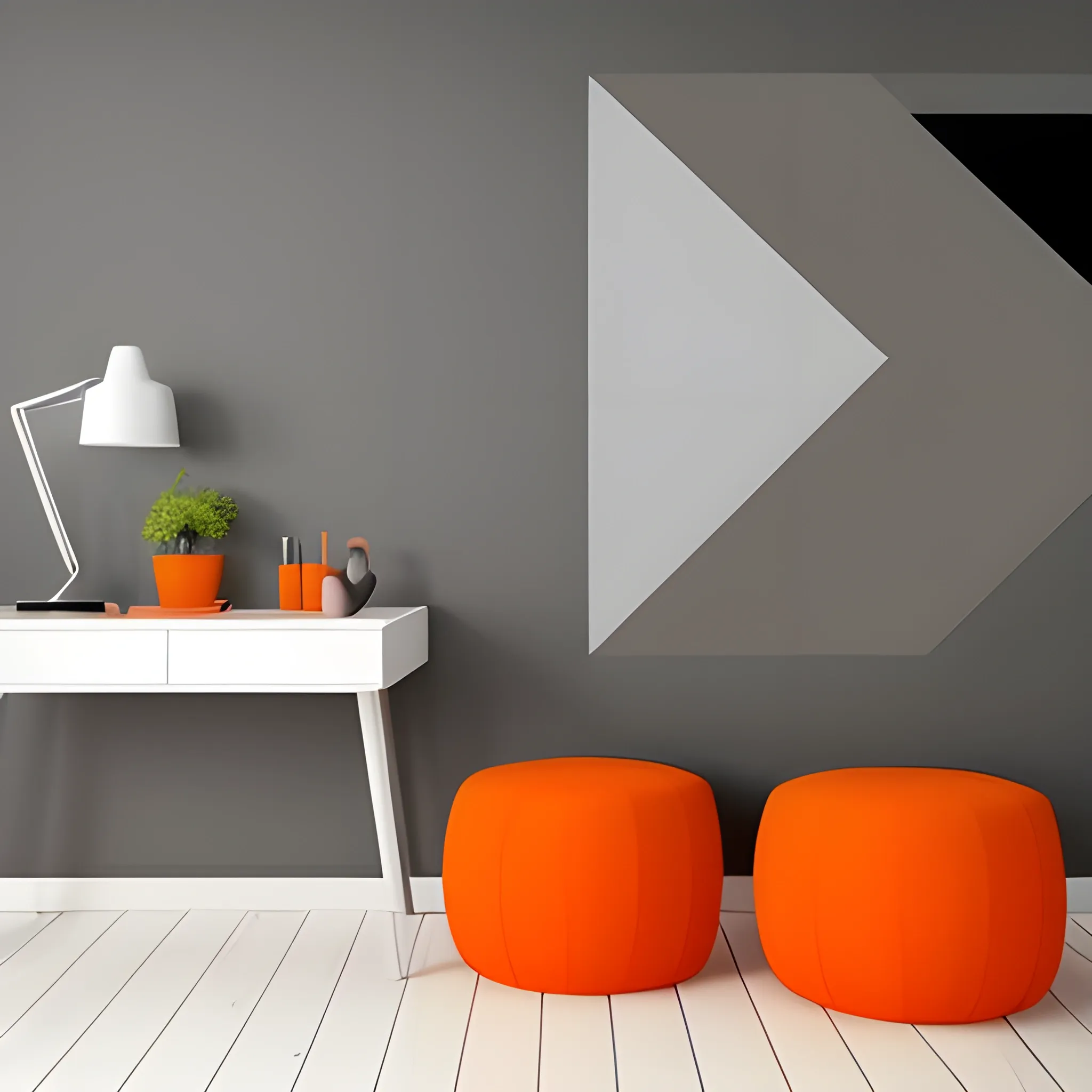 pintar una pared grande con los colores "gris" y "naranja" en proporciones iguales con un diseño minimalista moderno