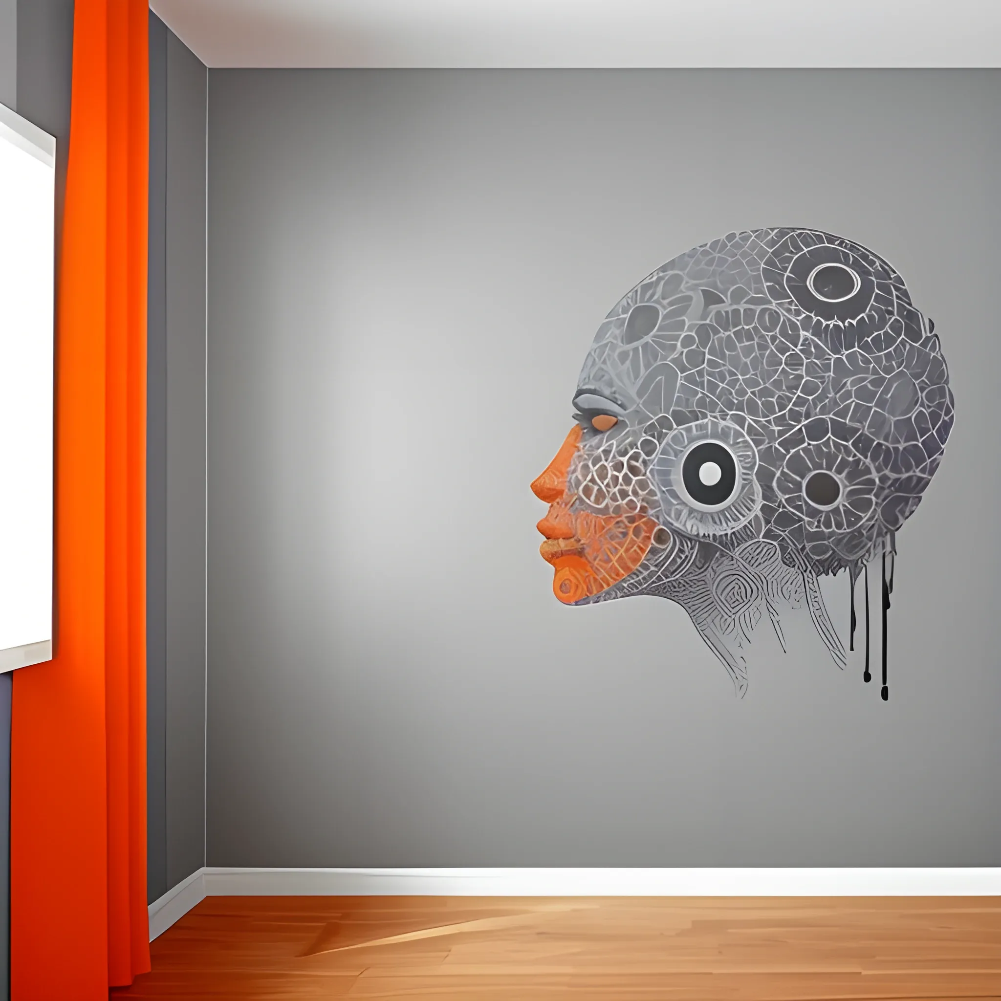 pintar una pared grande con los colores "gris" y "naranja" en proporciones iguales con un diseño moderno, Trippy, 