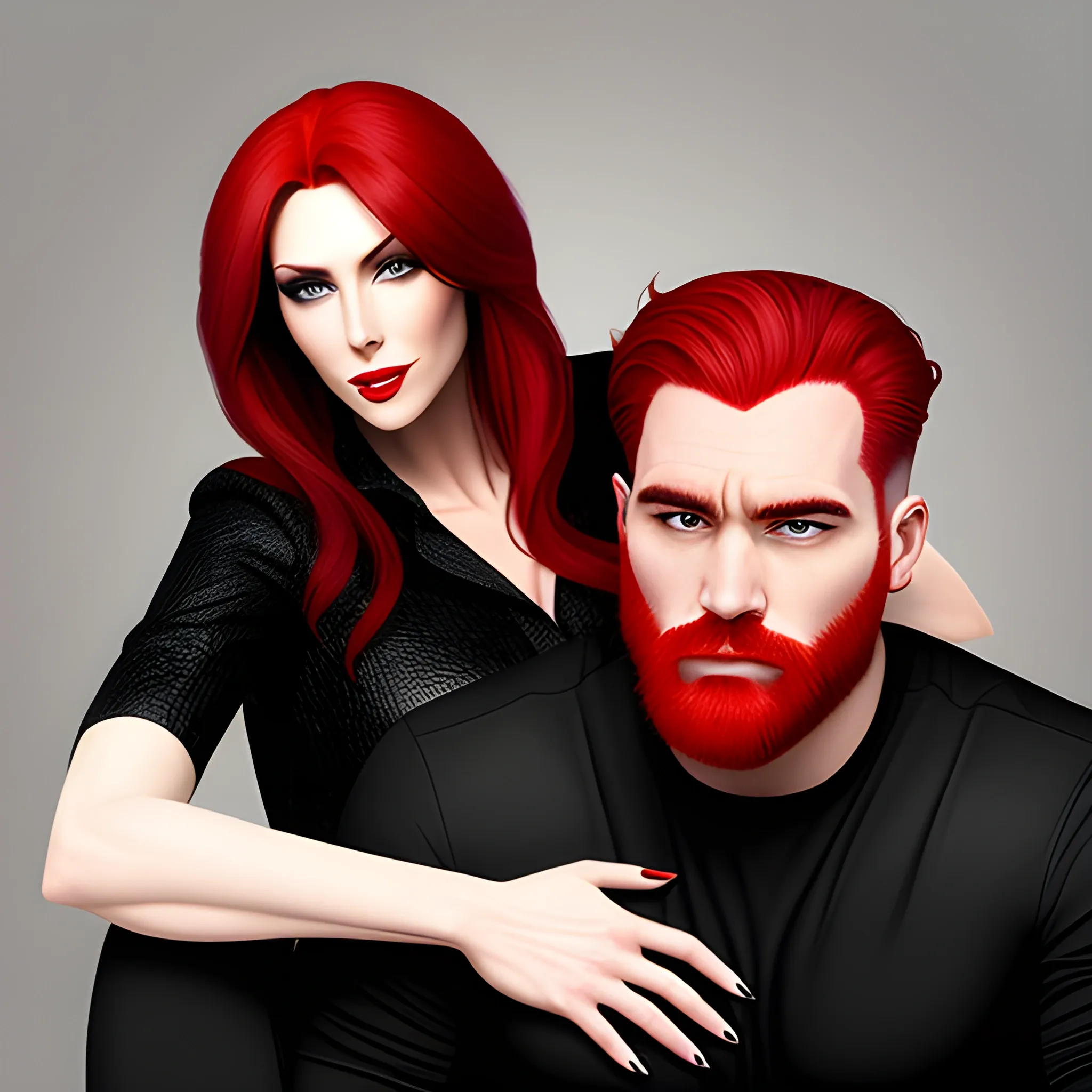 Red hair girl sitting on black hair boy face - Arthub.ai