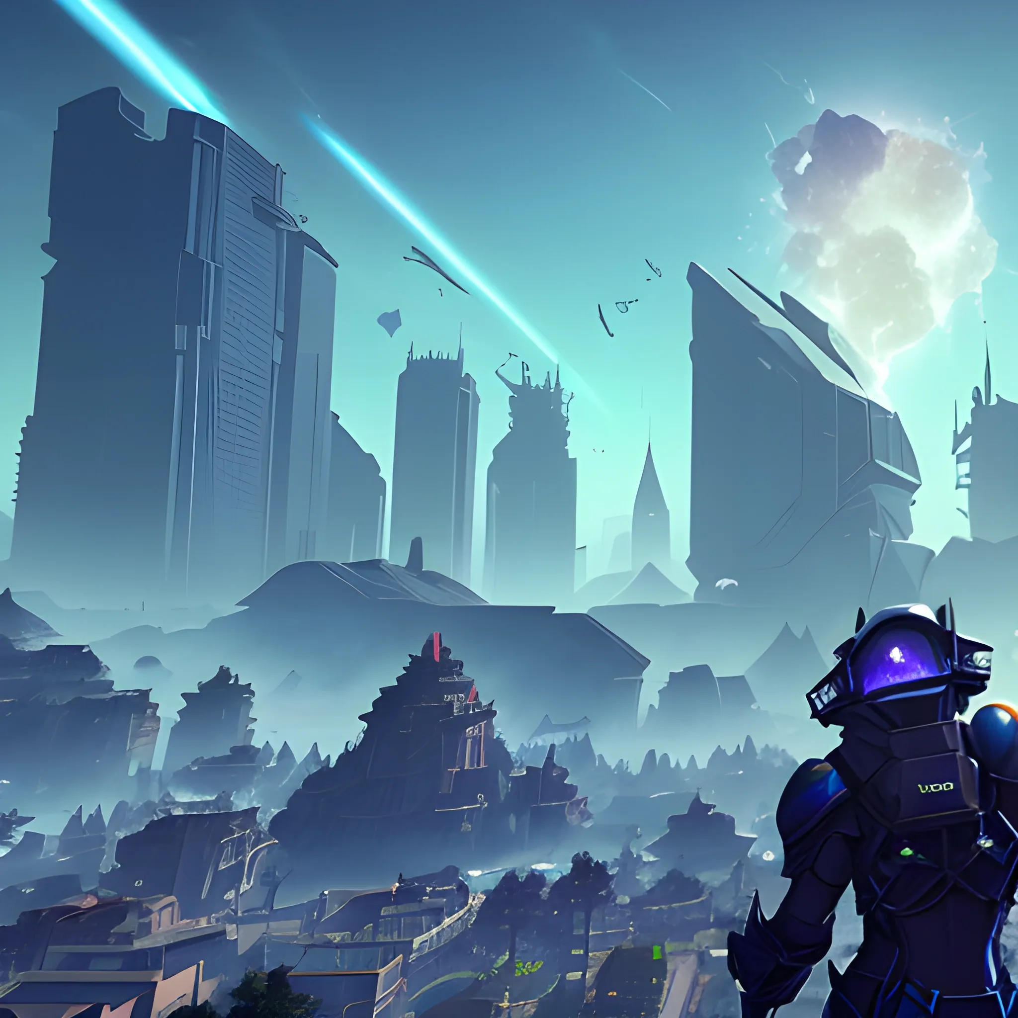 Fate, Blue haze, Black buildings in the distance. open world, reborn, advventure awaits, dope, crashed space ships,

