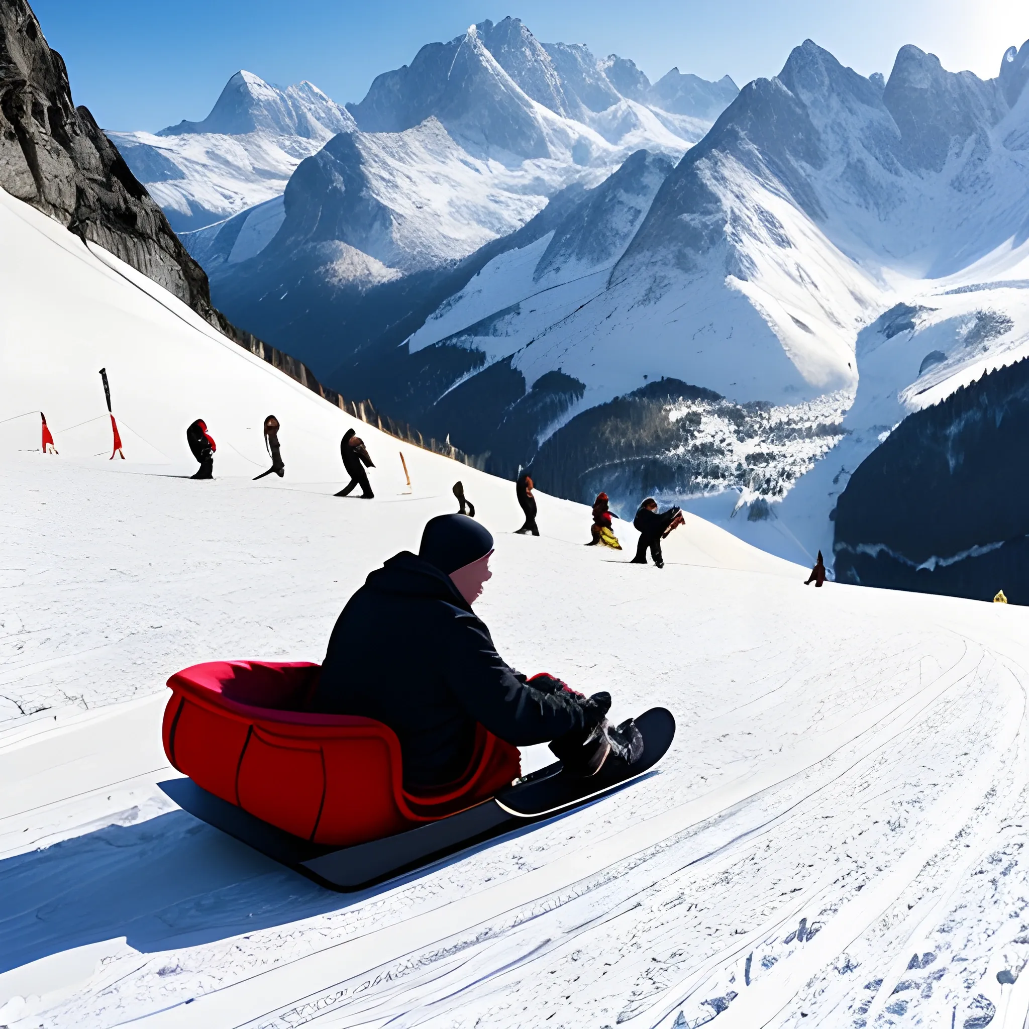 franch man in the alps going sledding on a guitar