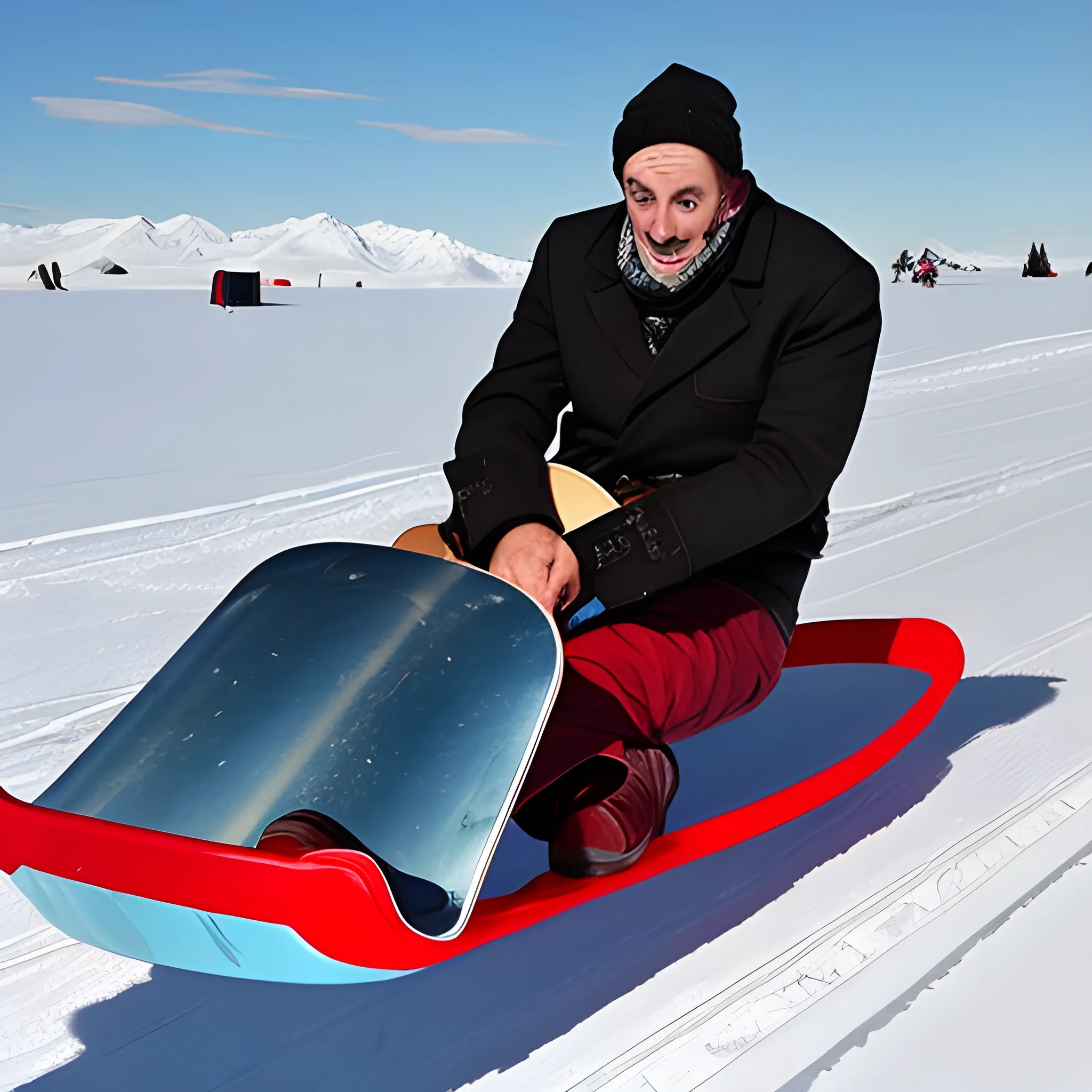 a french man using a guitar as a sled