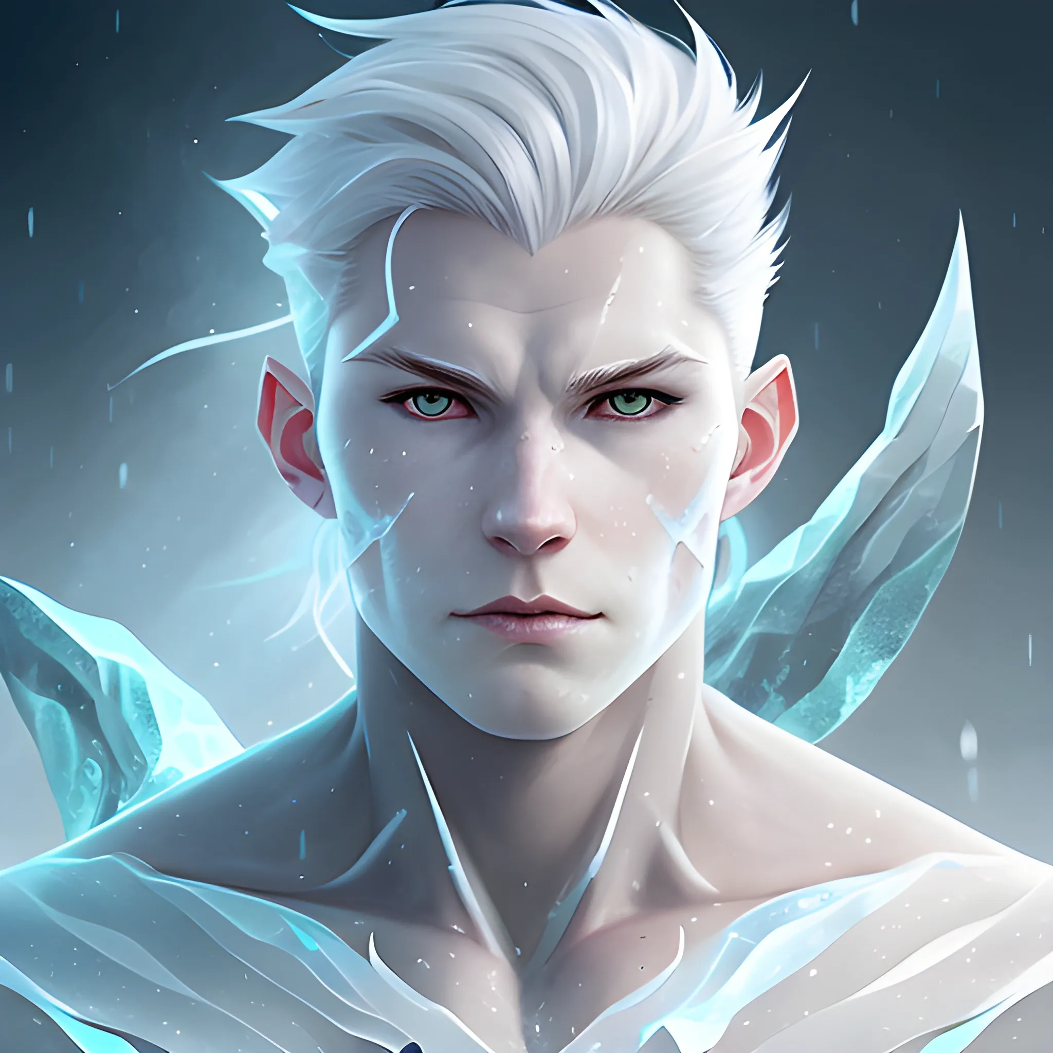 a 20 year old elemental human, no pointy ears, nordic imagery background, icy features, glacial hair, white skin, medium portrait, male, sharp focus, digital art, concept art, post processing, dynamic lighting, por emylie boivin and rossdraws