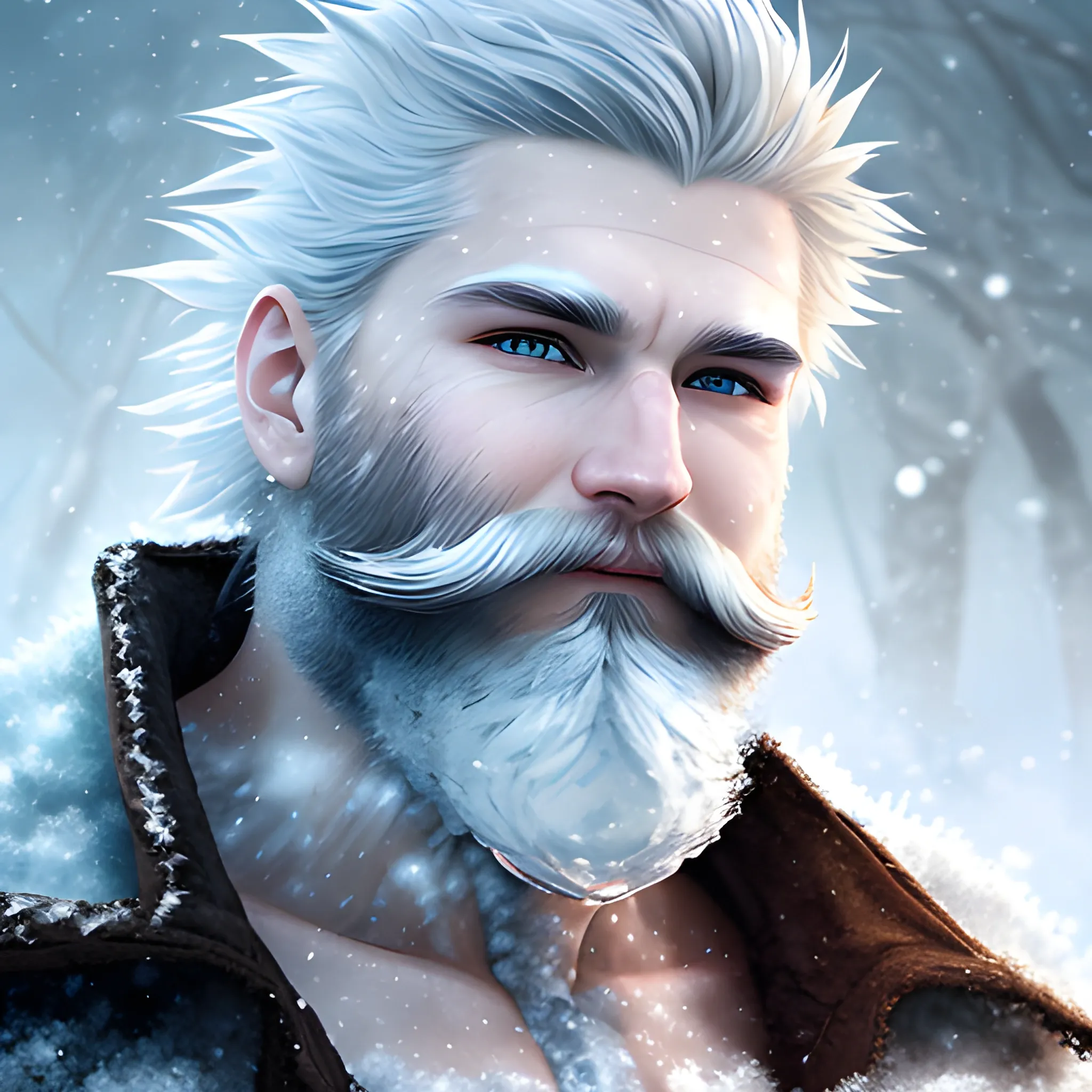 a 20 year old elemental human, frosty beard, nature in winter background, icy features, glacial hair, white skin, medium portrait, male, sharp focus, digital art, concept art, post processing, dynamic lighting, 