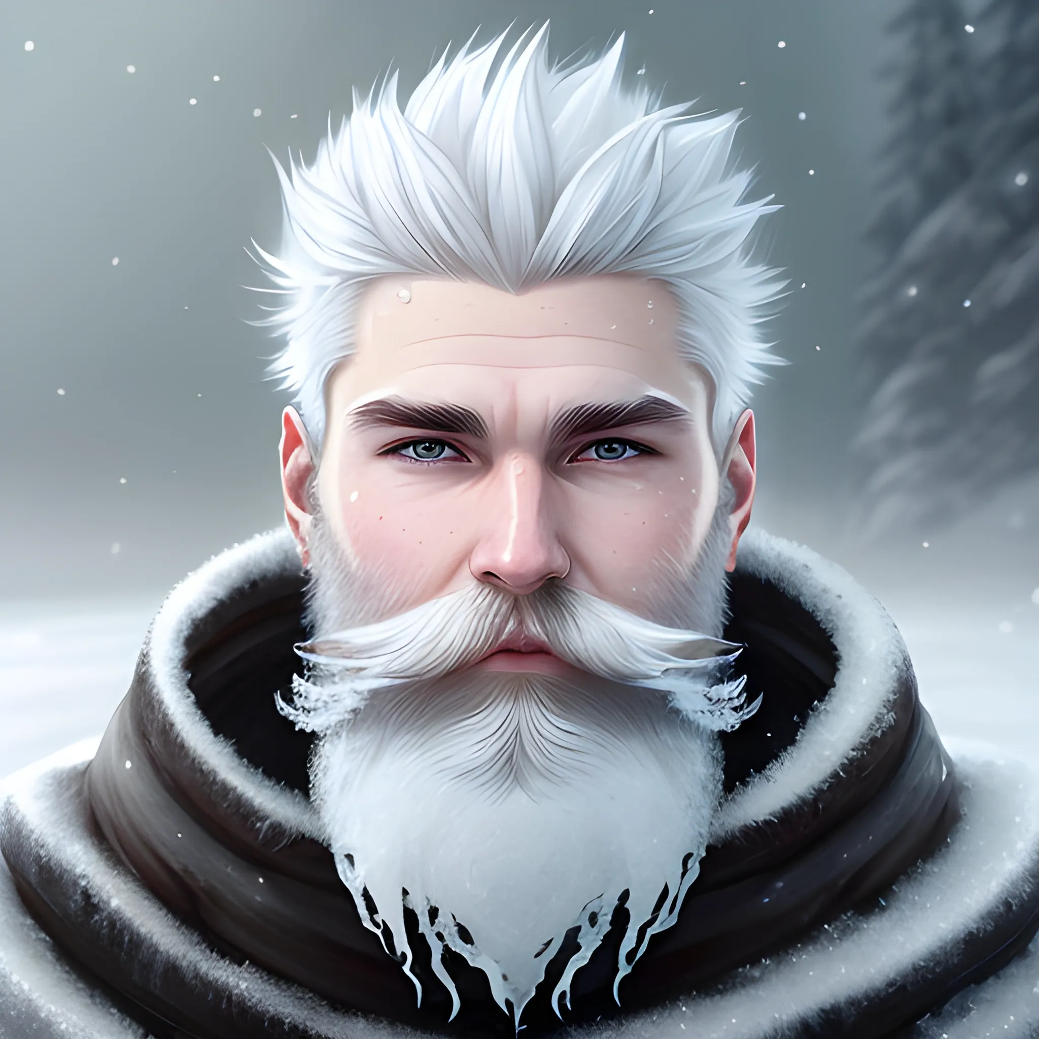 a 20 year old elemental human, frosty beard, nature in winter background, icy features, glacial hair, white skin, medium portrait, male, sharp focus, digital art, concept art, post processing, dynamic lighting, , Oil Painting