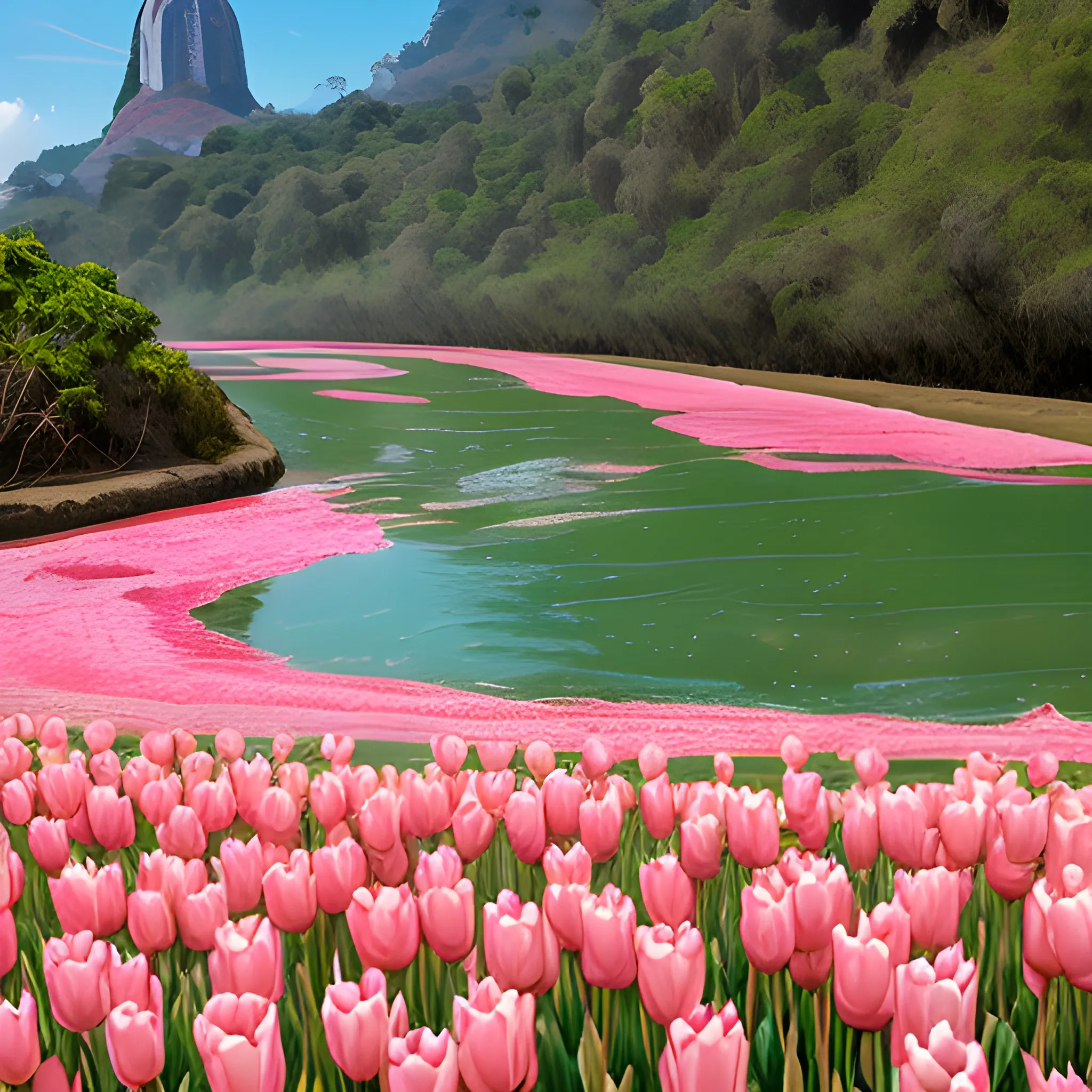 tulipanes, tonos rosados, rio, agua cristalina, orilla del rio, paisaje
