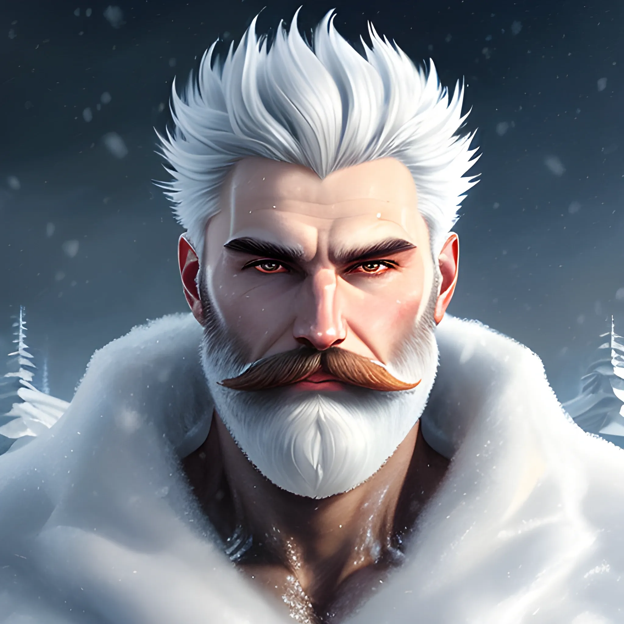 a 20 year old elemental human, frosty beard, nature in winter background, icy features, glacial hair, white skin, medium portrait, male, sharp focus, old school art, concept art, post processing, dynamic lighting, , Oil Painting
