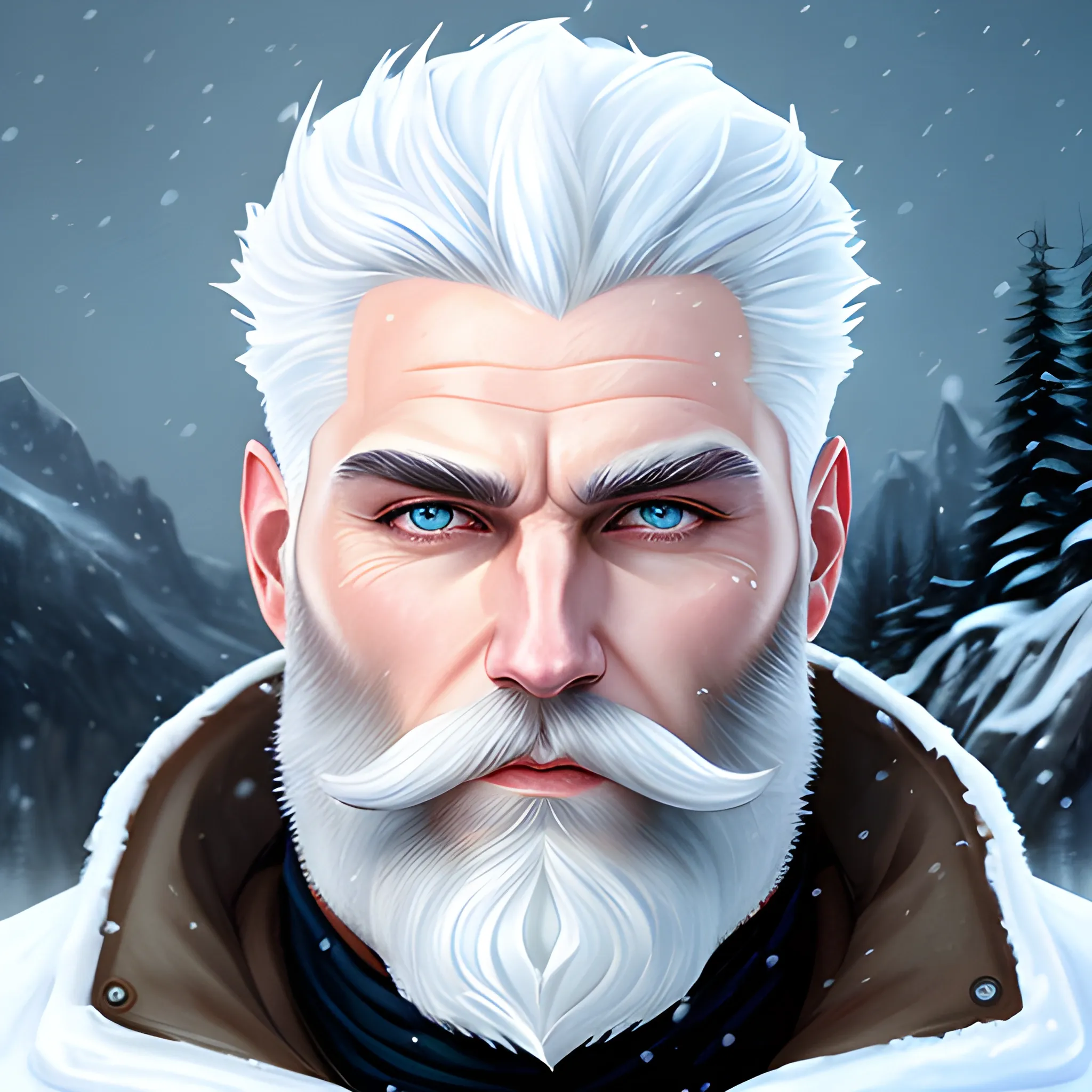 a 20 year old elemental human, frosty beard, blue eyes, nature in winter background, icy features, glacial hair, white skin, medium portrait, male, sharp focus, old school art, concept art,  dynamic lighting, , Oil Painting