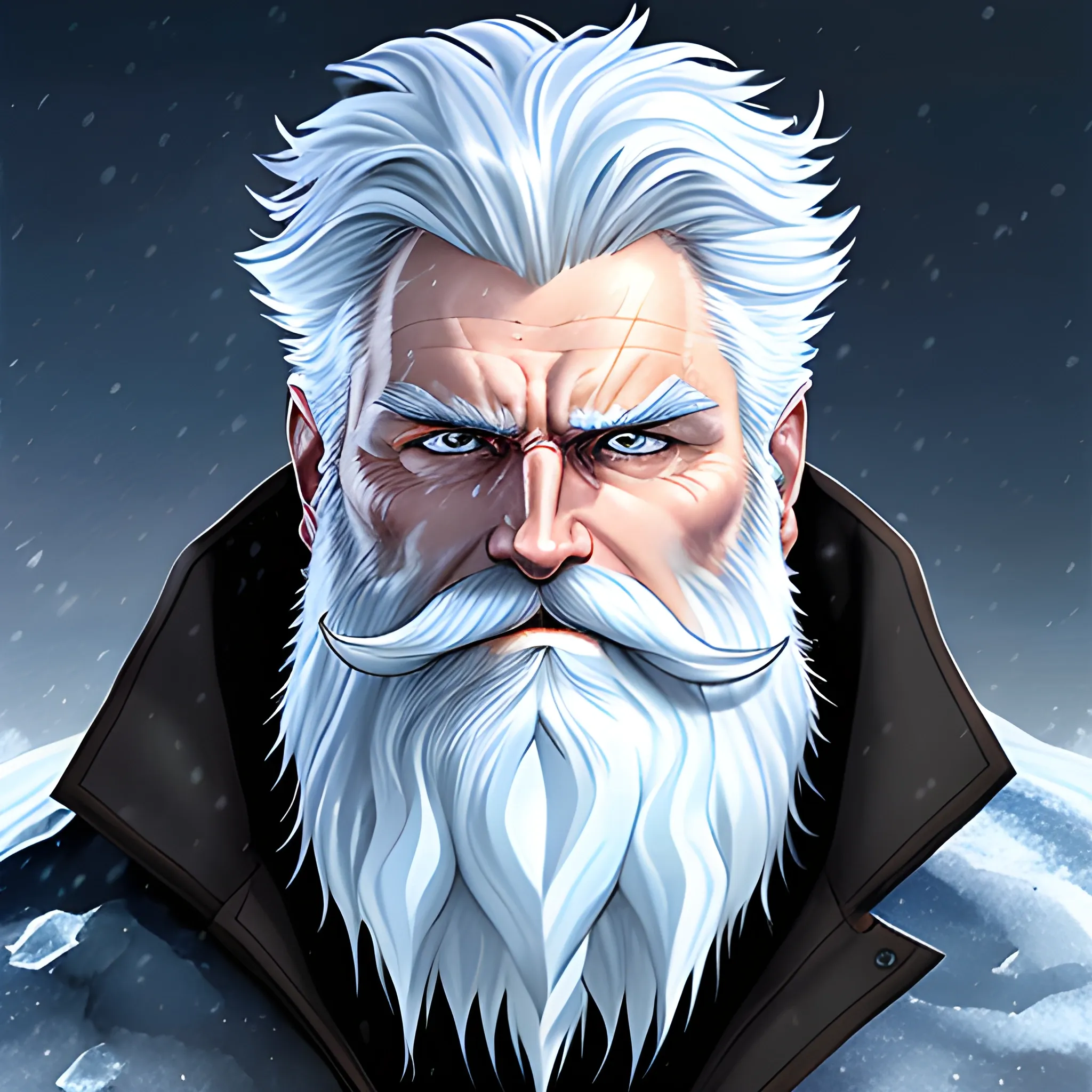a 20 year old elemental human, frosty beard, blue eyes, nature in winter background, icy features, glacial hair, white skin, medium portrait, male, old school art, concept art,  dynamic lighting, , Pencil Sketch, larry elmore style