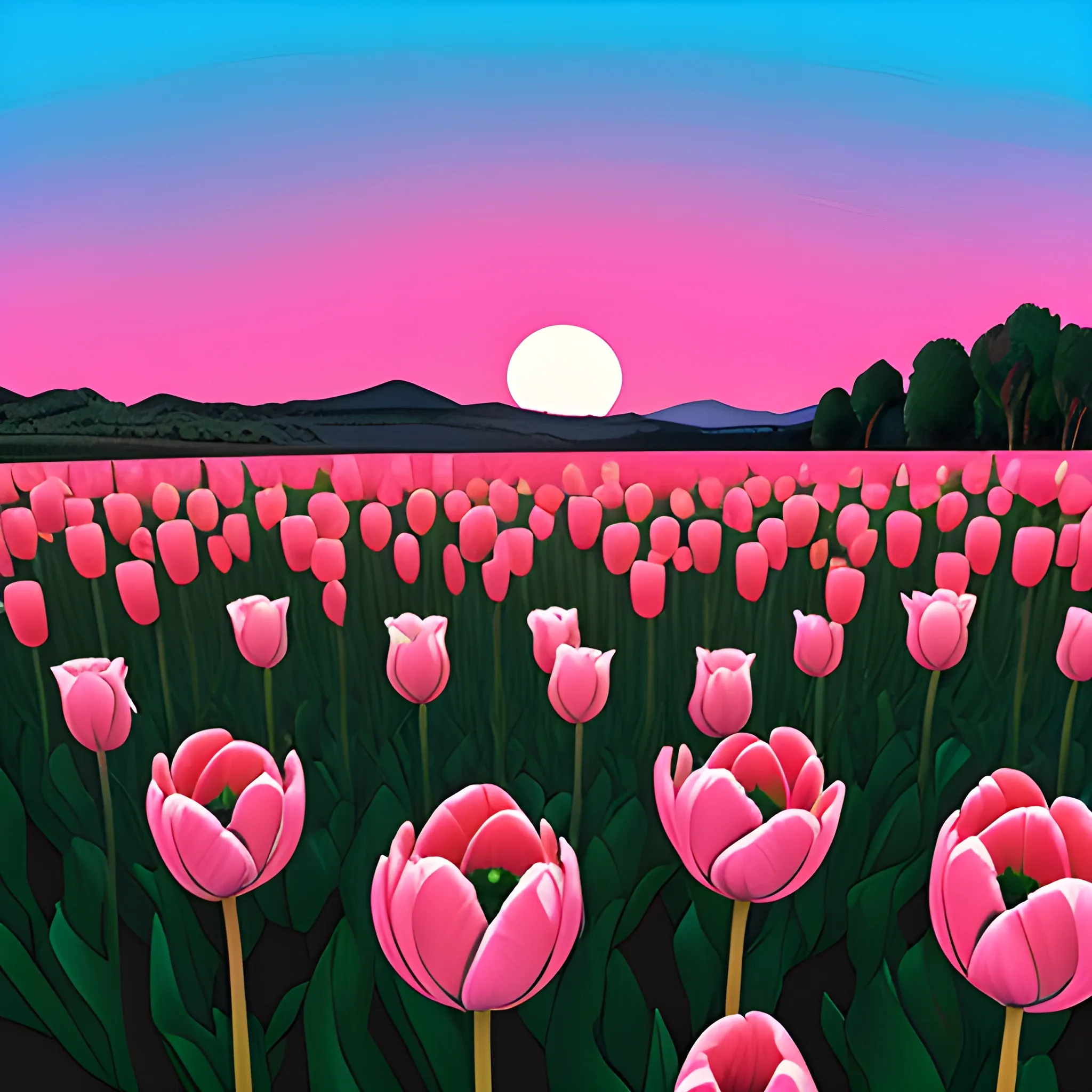 tulipanes, tonos rosados, paisaje, puesta de sol, dibujo
, Trippy