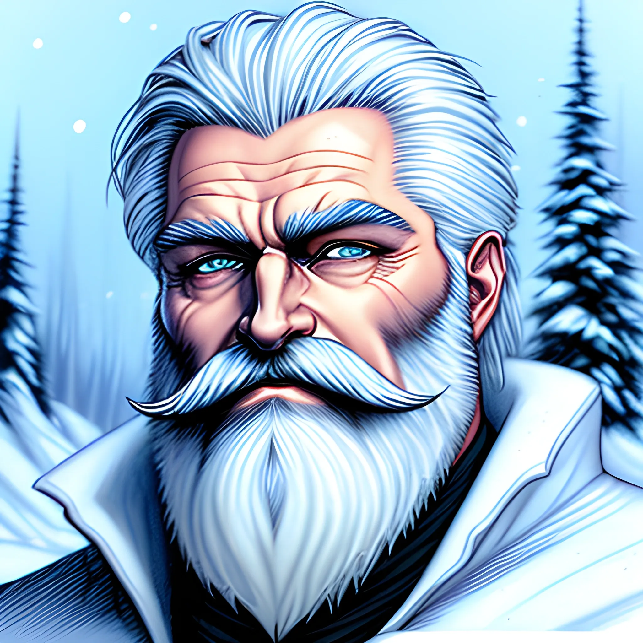 a 20 year old elemental human, frosty beard, blue eyes, nature in winter background, icy features, glacial hair, white skin, medium portrait, male, old school art, concept art, dynamic lighting, , Pencil Sketch, larry elmore style, young