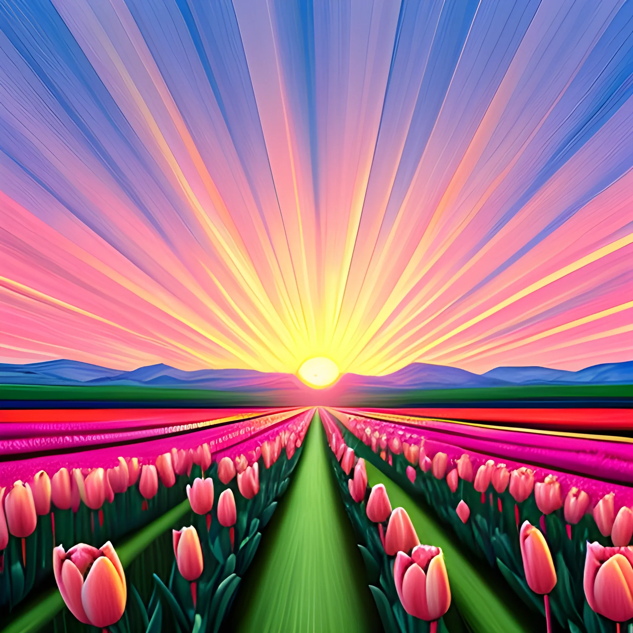 tulipanes, tonos rosados, paisaje, puesta de sol, dibujo
, Trippy, Water Color, 3D, Cartoon