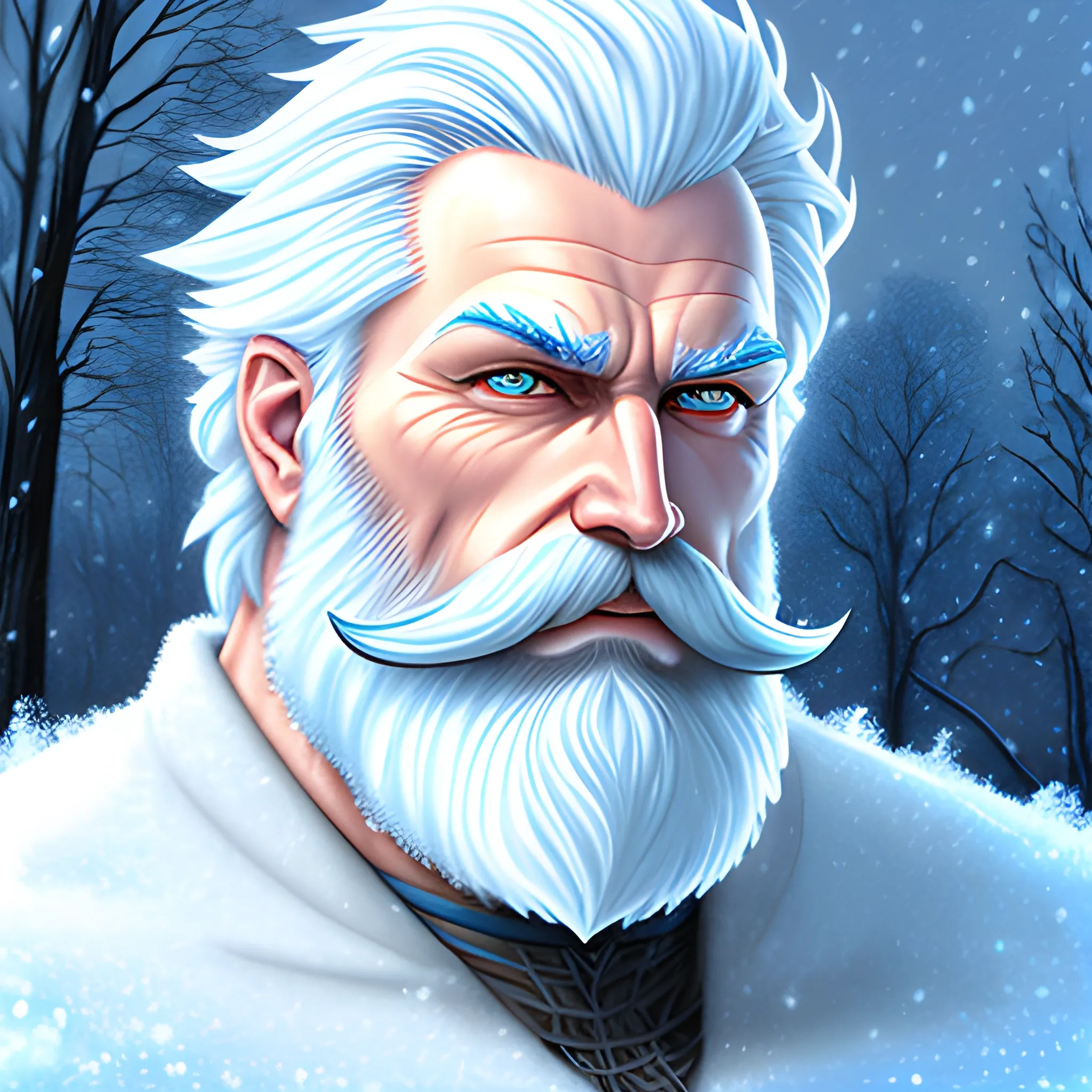 a young adult elemental human, frosty beard, blue eyes, nature in winter background, icy features, glacial hair, white skin, medium portrait, male, old school art, concept art, dynamic lighting, , Pencil Sketch, larry elmore style,