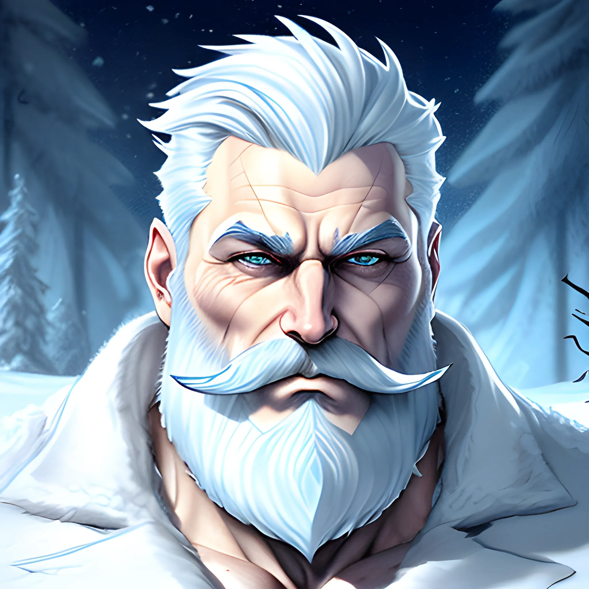 a young adult elemental human, frosty beard, blue eyes, nature in winter background, icy features, glacial hair, white skin, medium portrait, male, old school art, concept art, dynamic lighting, , Pencil Sketch, Frank Frazetta style,