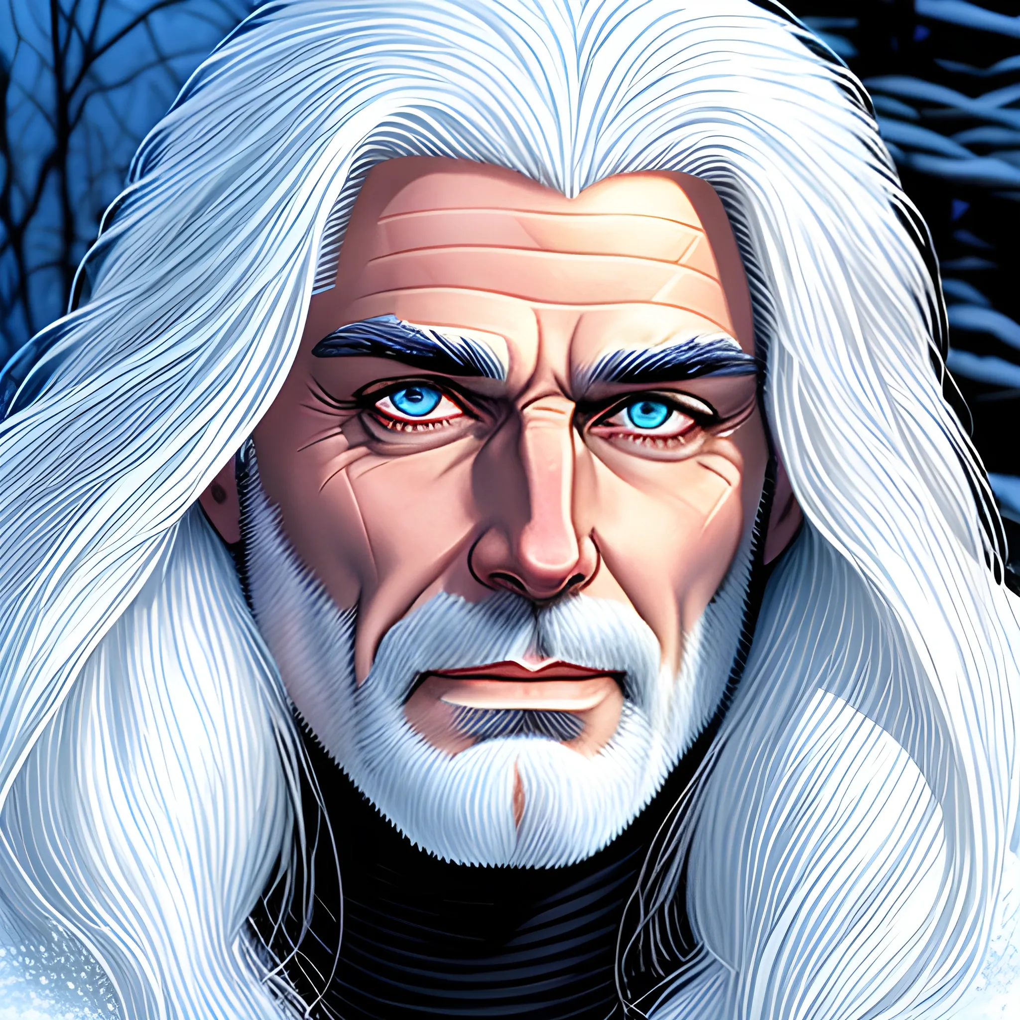 a young human with white hair, blue eyes, nature in winter background, frosty facial features, larry elmore