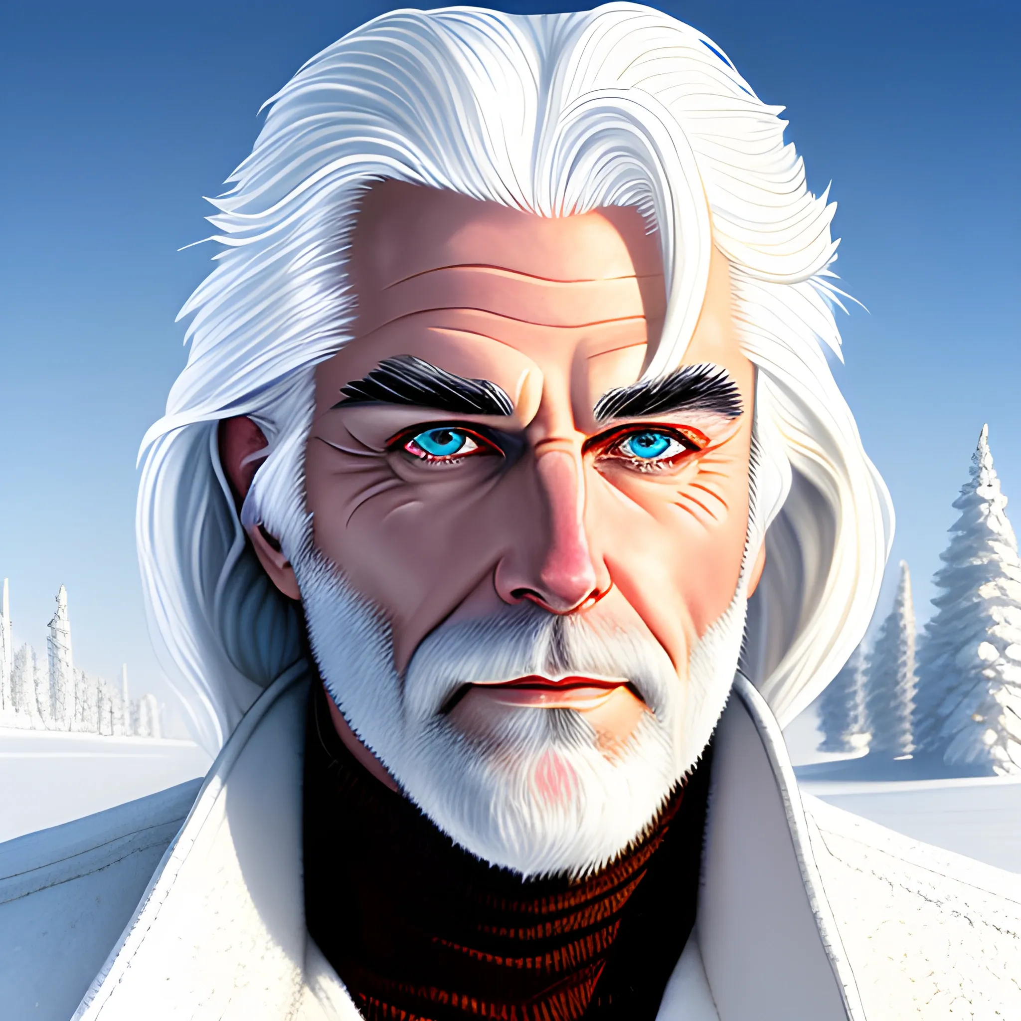 a young human with shoulder lenght white hair, blue eyes, nature in winter background, frosty facial features, larry elmore