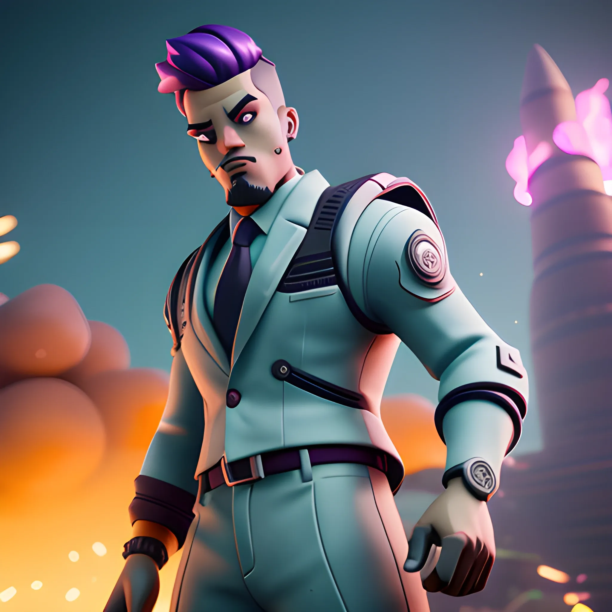  A cartoon character in fortnite style, similar to Marco Arelio from the waist up, in a suit, looking badass, neutral face, 3d render style, slightly anamorphic, in front of launching rocket, looking into the camera, face clearly visible, dvd screengrab UHD, cartoon, ultra detail, intricate details, volumetric lighting, 3d model, fake, photography, digital art, 8k, future, Cinematic, Photography, Ultra - Wide Angle, Depth of Field, hyper - detailed, insane details, intricate details, beautifully color graded, Unreal Engine 5, Cinematic, Videogame, Fortnite Shot on 25mm lens --ar 9:16, 3D, 3D, 3D, Trippy