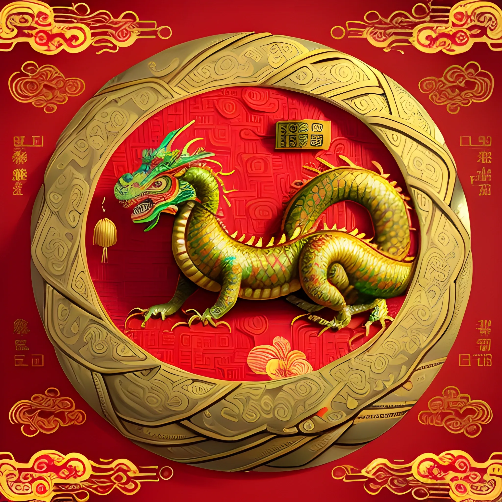 ((A magnificent masterpiece))， ((presented in the best quality))， 8k， high detailed， ultra-detailed， ;

A resplendent depiction of an Eastern dragon coiled gracefully， extending its warmest congratulations for the 2024 Chinese New Year.

Coiled Eastern Dragon
Festive Celebration
Vibrant Colors
Auspicious Atmosphere
New Year’s Greetings,