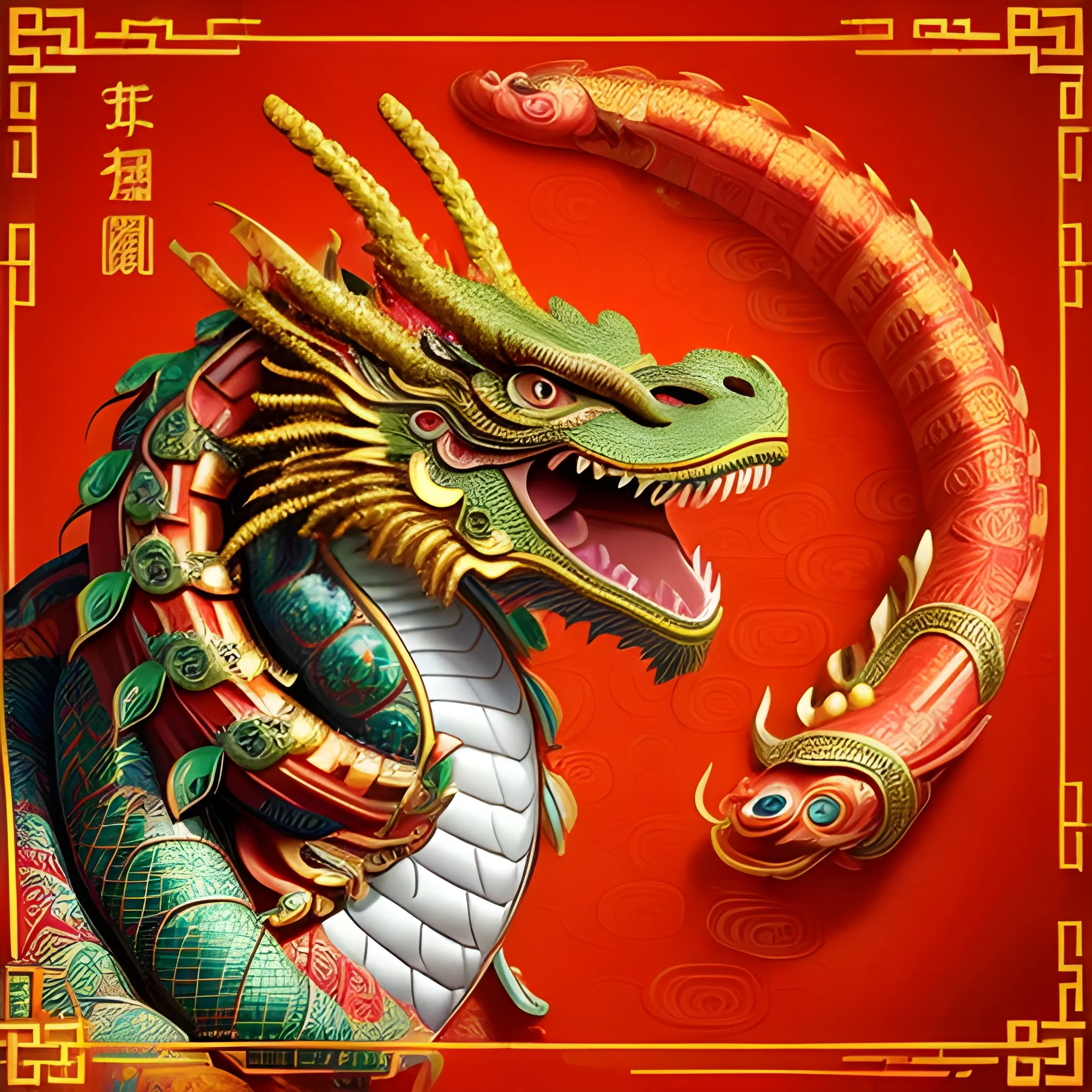 ((A magnificent masterpiece)), ((presented in the best quality)), 8k, high detailed, ultra-detailed, ;

A resplendent Eastern dragon, coiled gracefully, extends its warmest congratulations for the （2024 Chinese New Year).

Coiled Eastern Dragon
Festive Celebration
Vibrant Colors
Auspicious Atmosphere
New Year’s Greetings