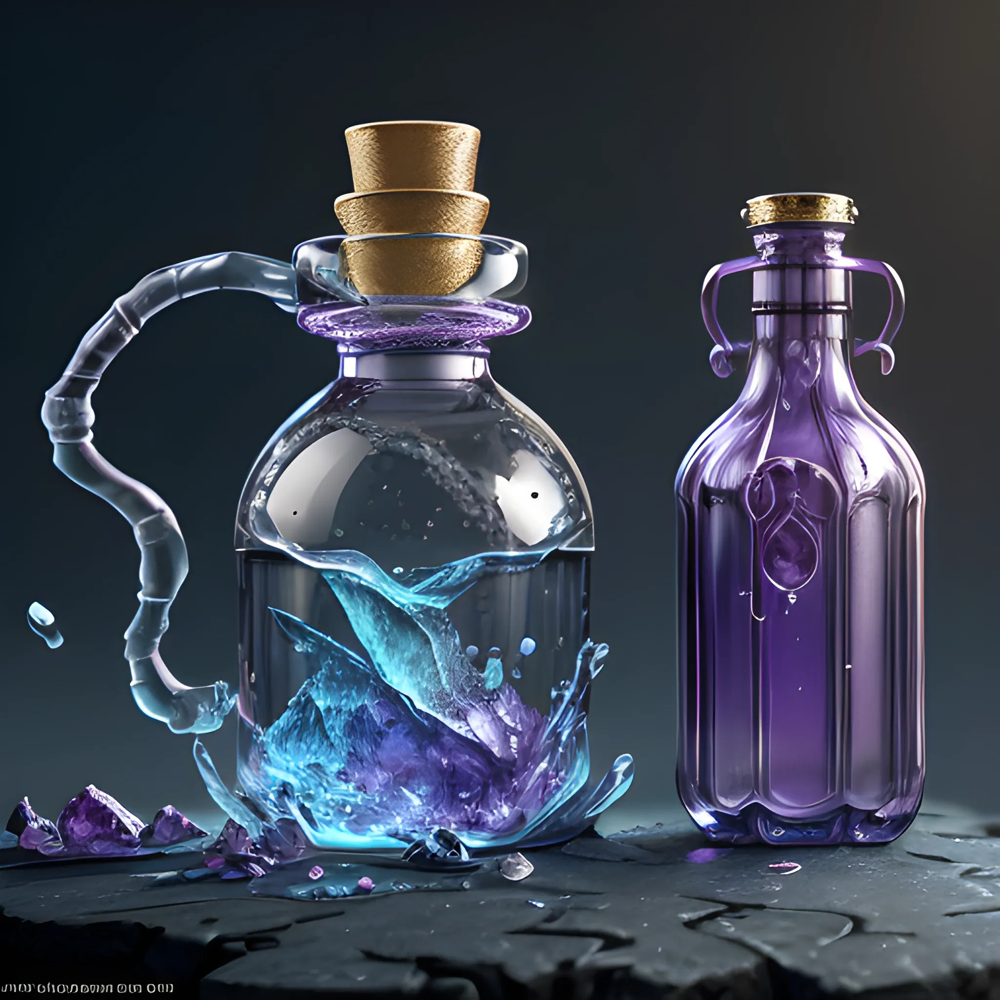 elixir, potion, bottle, fantasy, magic, sparks, 8k, high resolution, high quality, photorealistic, hyperrealistic, detailed, detailed matte painting, deep color, fantastical, intricate detail, splash screen, complementary colors, fantasy concept art, 8k resolution trending on Artstation Unreal Engine