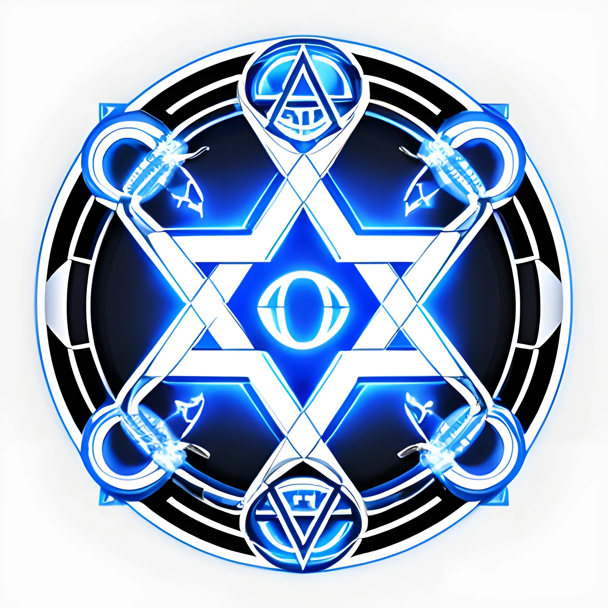 a futuristic company logo symbol for automotive, digital art illustrator svg logo design a blue circle with a star of david on it, upper body avatar, white and gold, brenizer method, group, edited in photoshop, druid, three head one body, dreamcatcher, bringing people together, solid white background, brotherhood, three views, 3D