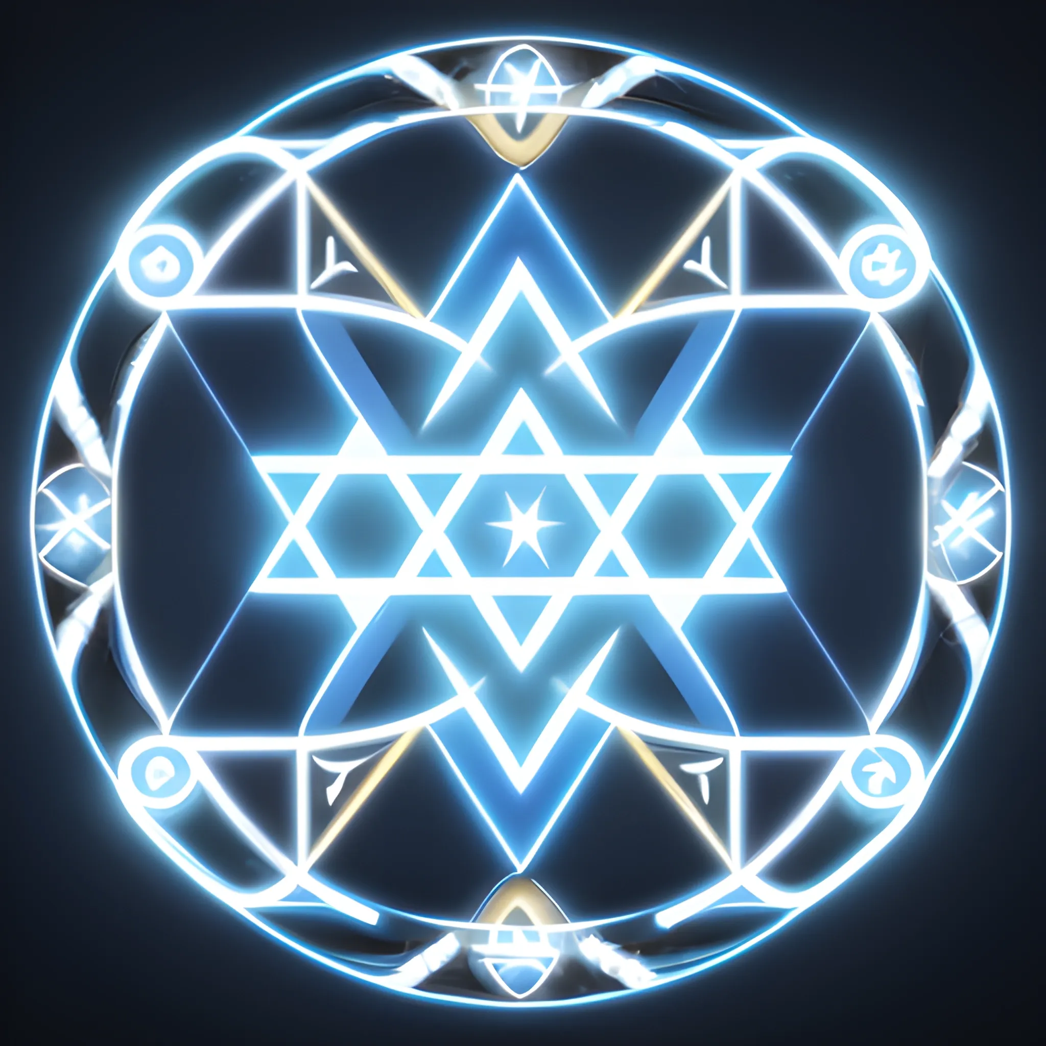 a futuristic logo of a company, a blue circle with a star of David, upper body avatar, white and gold, brenizer method, group, druid, three heads, one body, dream catcher, uniting people, white background solid, brotherhood, three views, 3D digital art illustrator, svg logo design, 3D, Trippy