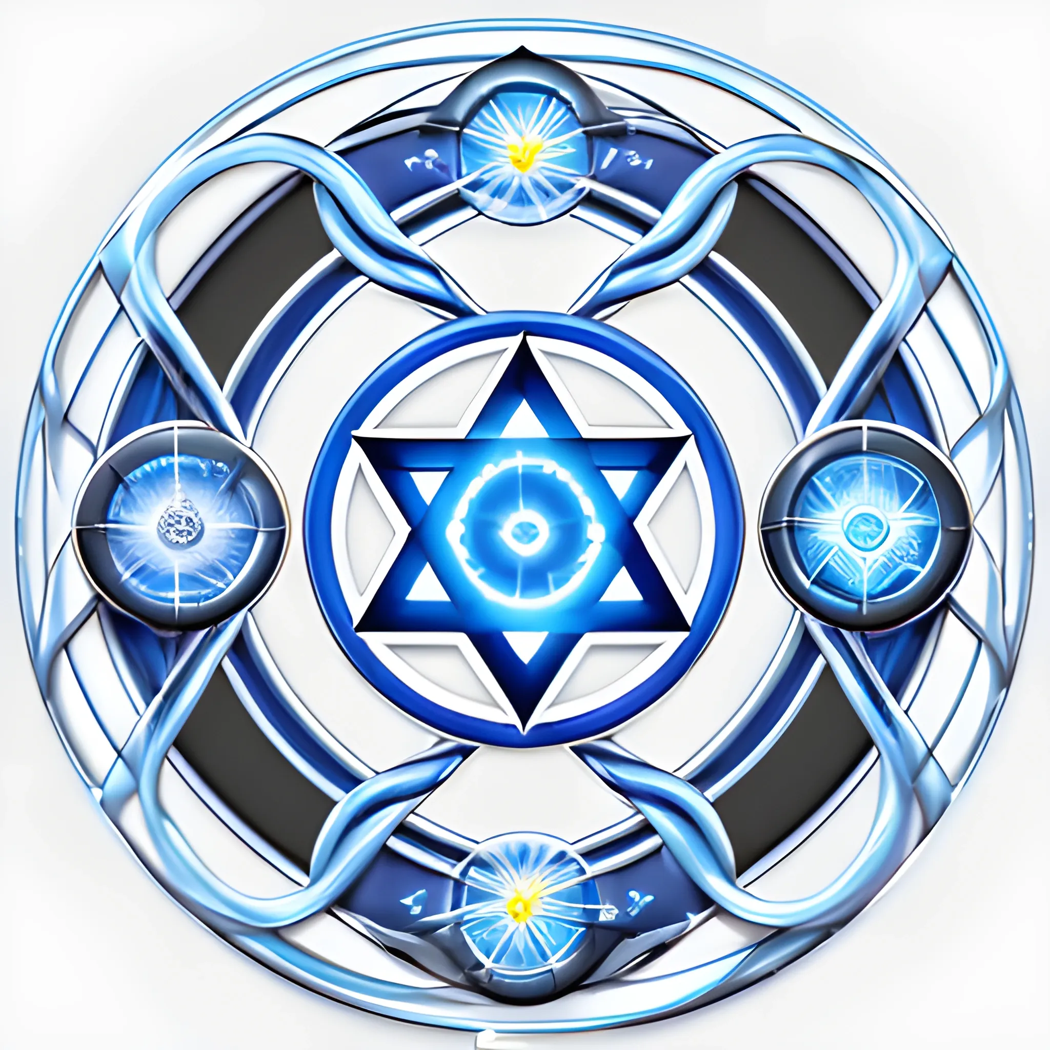 a futuristic logo of a company, a blue circle with a star of David, upper body avatar, white and gold, brenizer method, group, druid, three heads, one body, dream catcher, uniting people, white background solid, brotherhood, three views, 3D digital art illustrator, svg logo design, 3D, , Cartoon