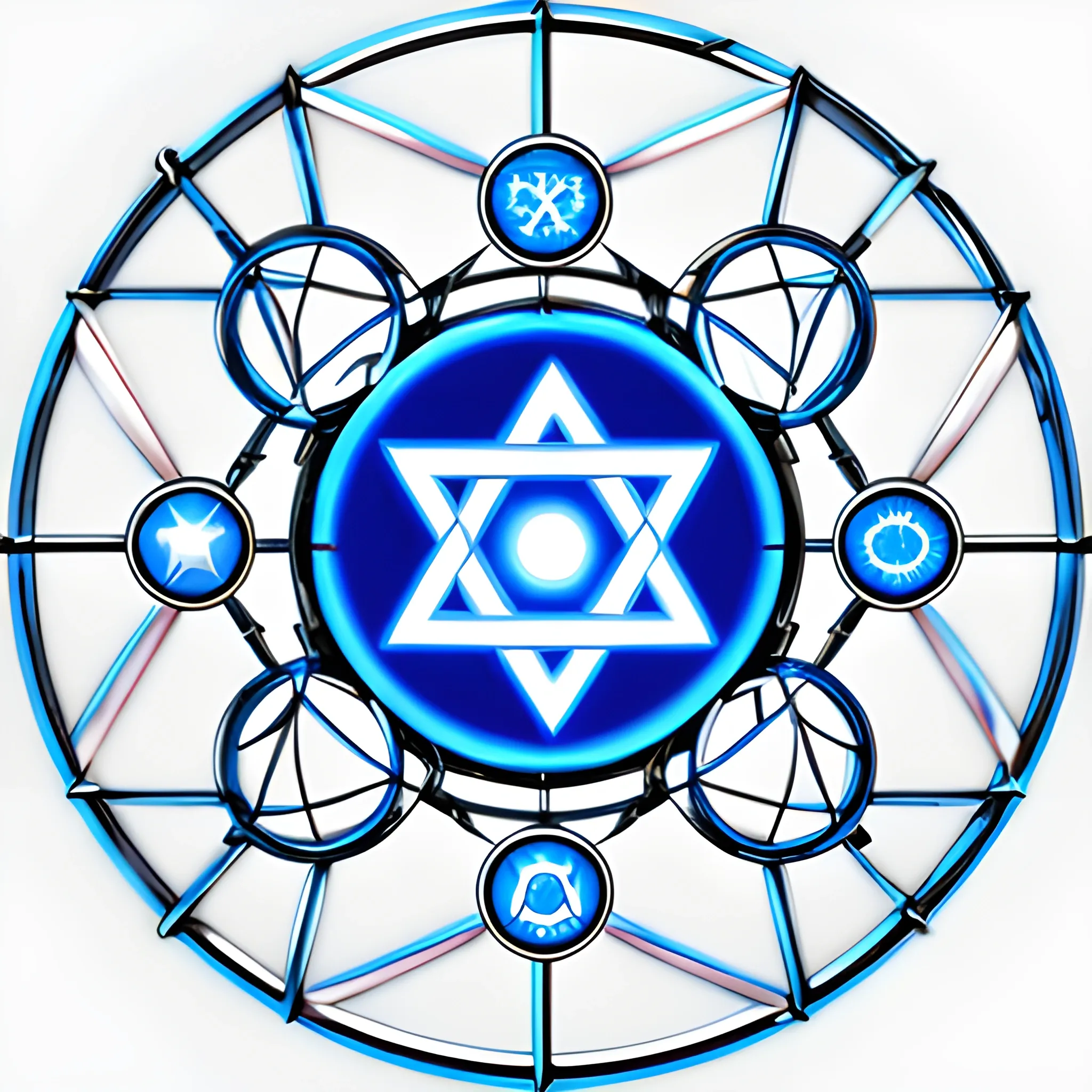 a futuristic logo of a company, a blue circle with a star of David, upper body avatar, white and gold, brenizer method, group, druid, three heads, one body, dream catcher, uniting people, white background solid, brotherhood, three views, 3D digital art illustrator, svg logo design, 3D, , Cartoon