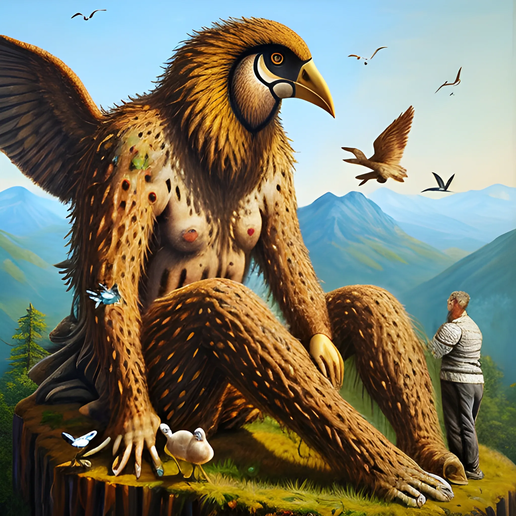 A giant creature has holes in his body looking at the birds, the giant is so big that he is sitting on a mountain, Oil Painting, Oil Painting