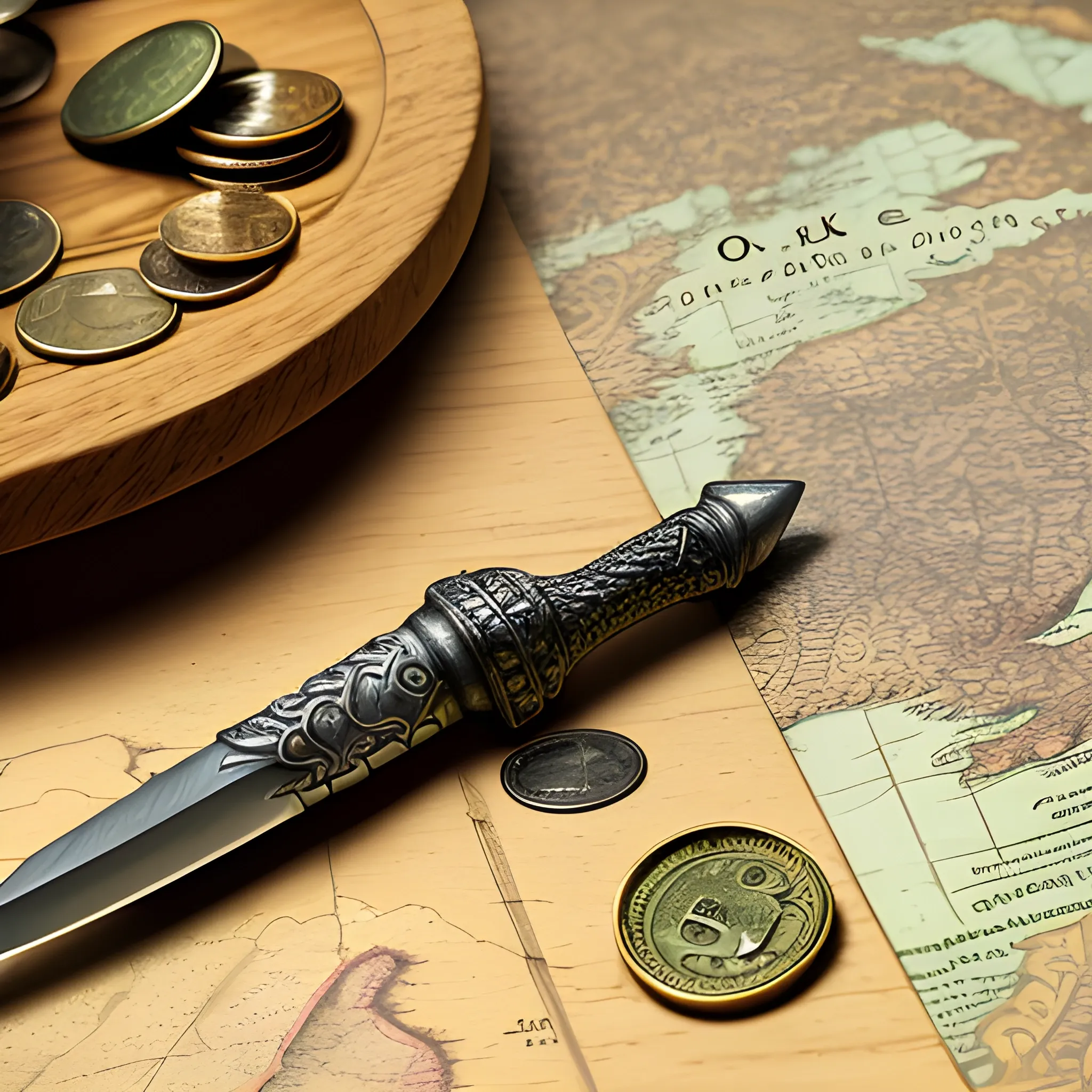 Oak table with a map, a dagger and coins, close up, cartoon