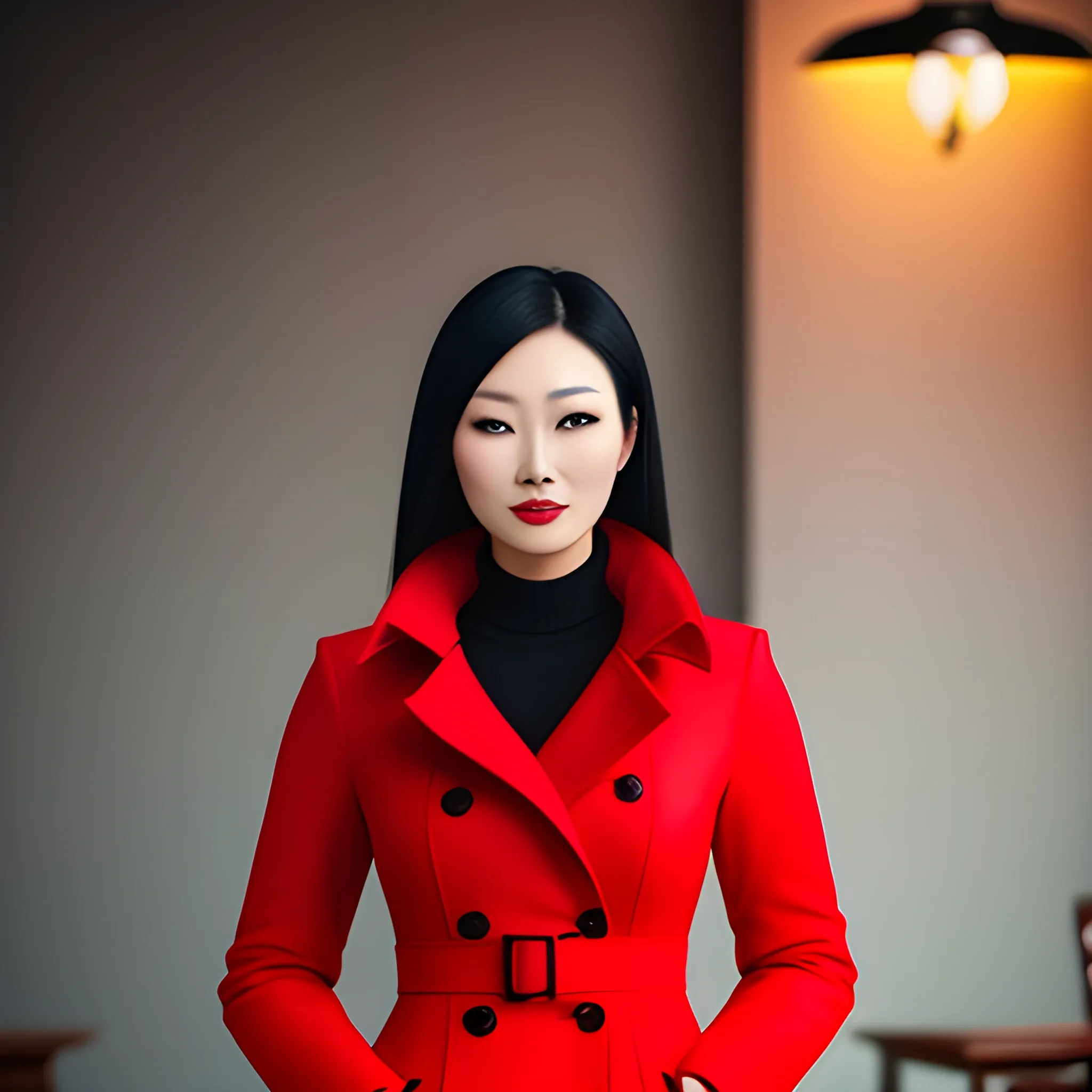 Young Asian woman wearing a bright red coat, nostalgic atmosphere, luxury high-definition photography