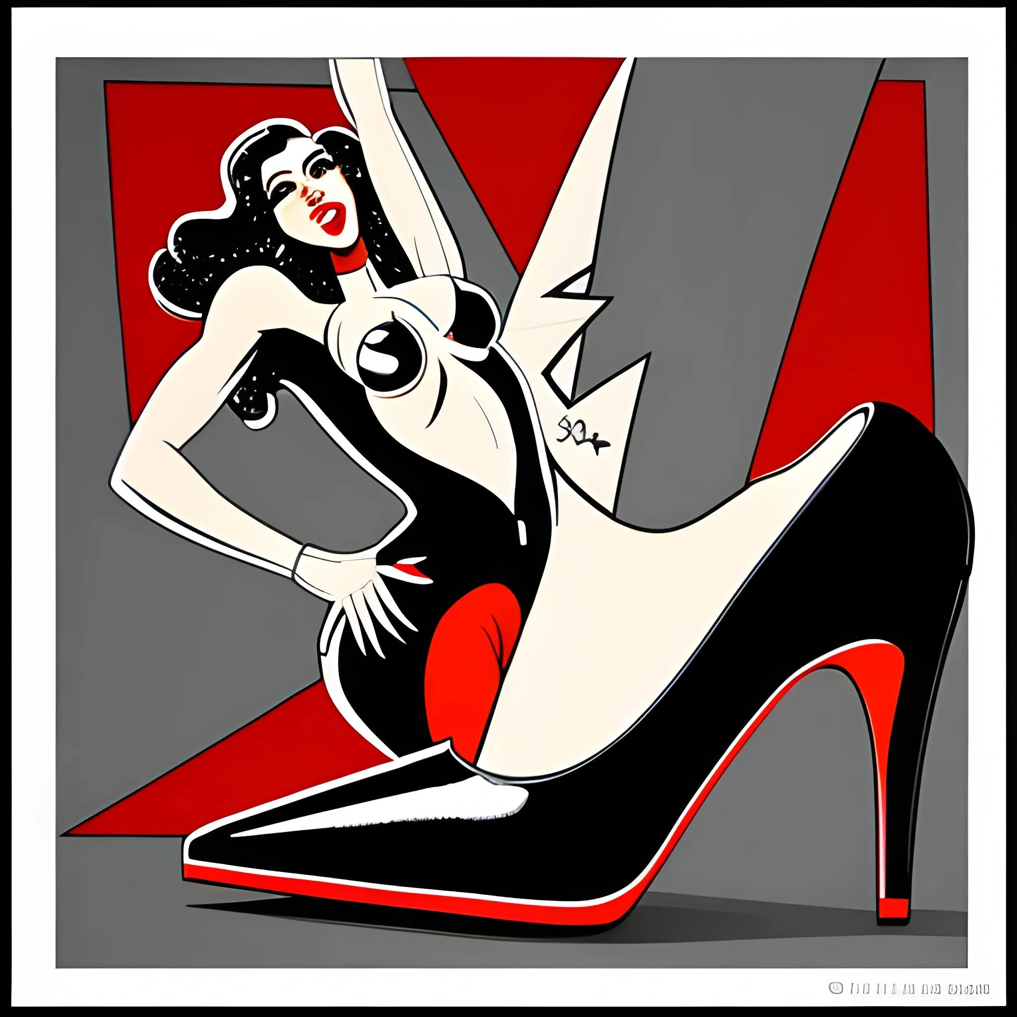  pop-art beautiful girl dark hair, gray eyes, dancing, high heels