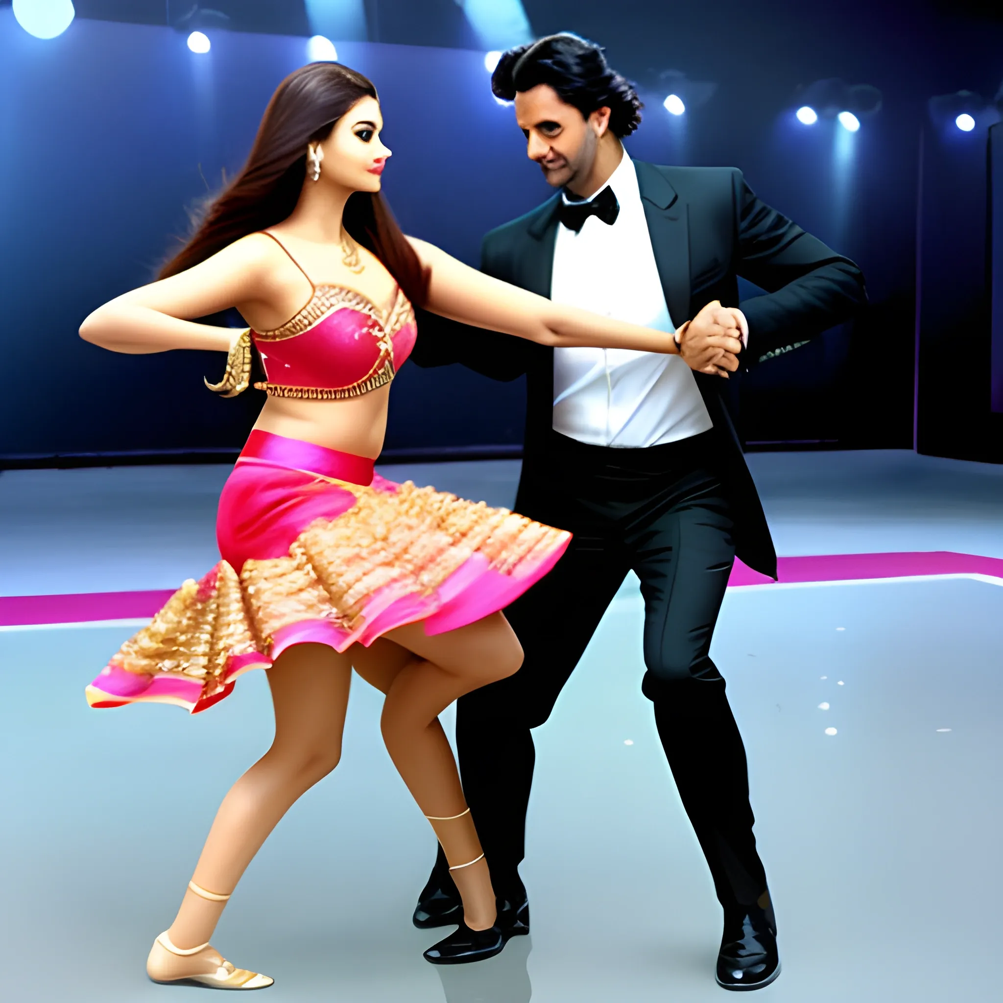 Aishwarya rai with skirt doing dance with hrithik roshan with suit 
, 3D