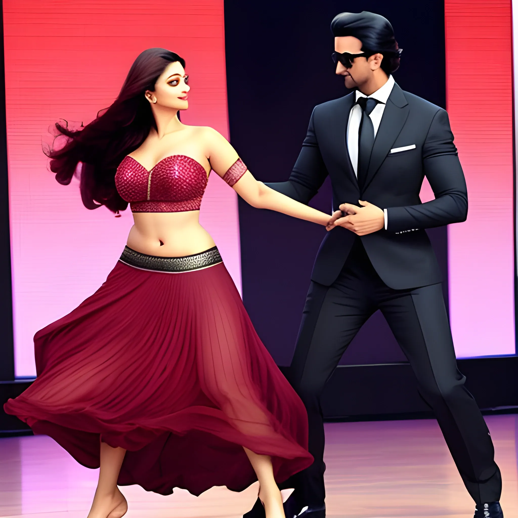 Aishwarya rai with skirt lifted by hrithik roshan with suit while doing dance 
, 3D