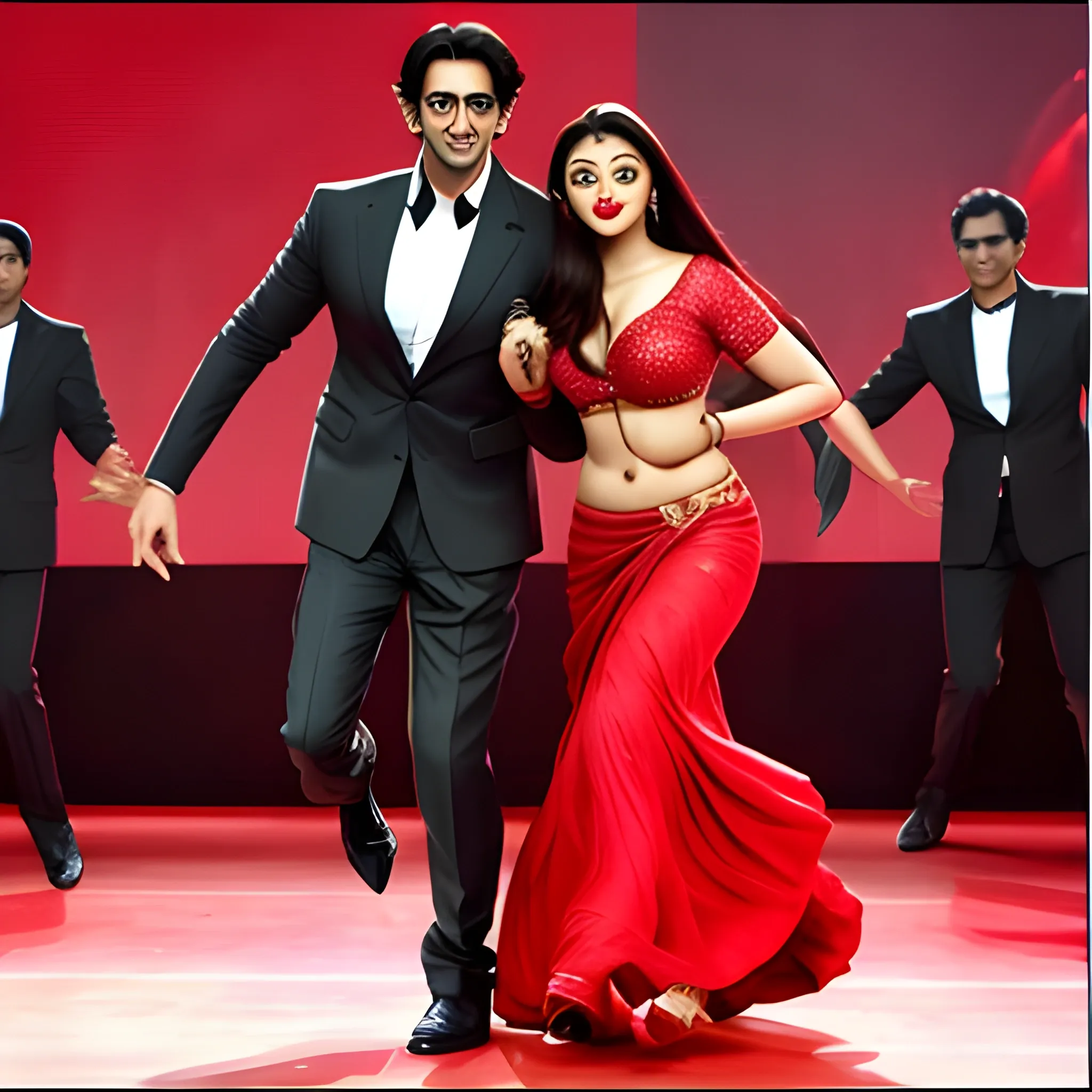 Aishwarya rai with red shirt skirt lifted by hrithik roshan with suit while doing dance 
, 3D