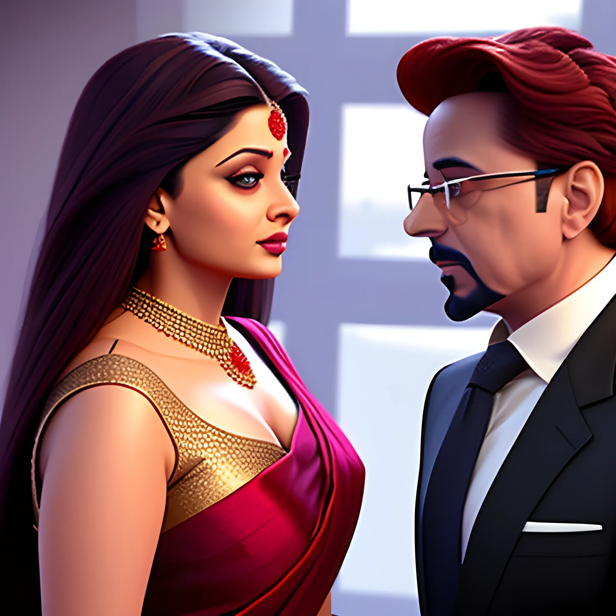 Aishwarya rai in saree talking with Tony Stark , 3D