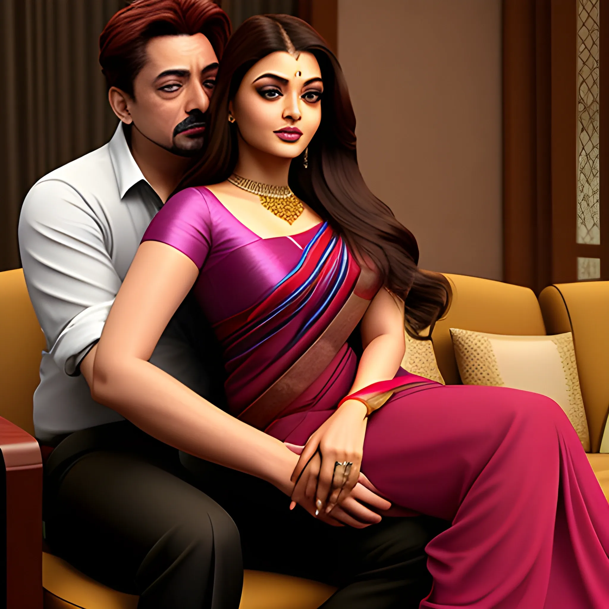 Aishwarya rai in saree sitting on Tony Stark lap , 3D