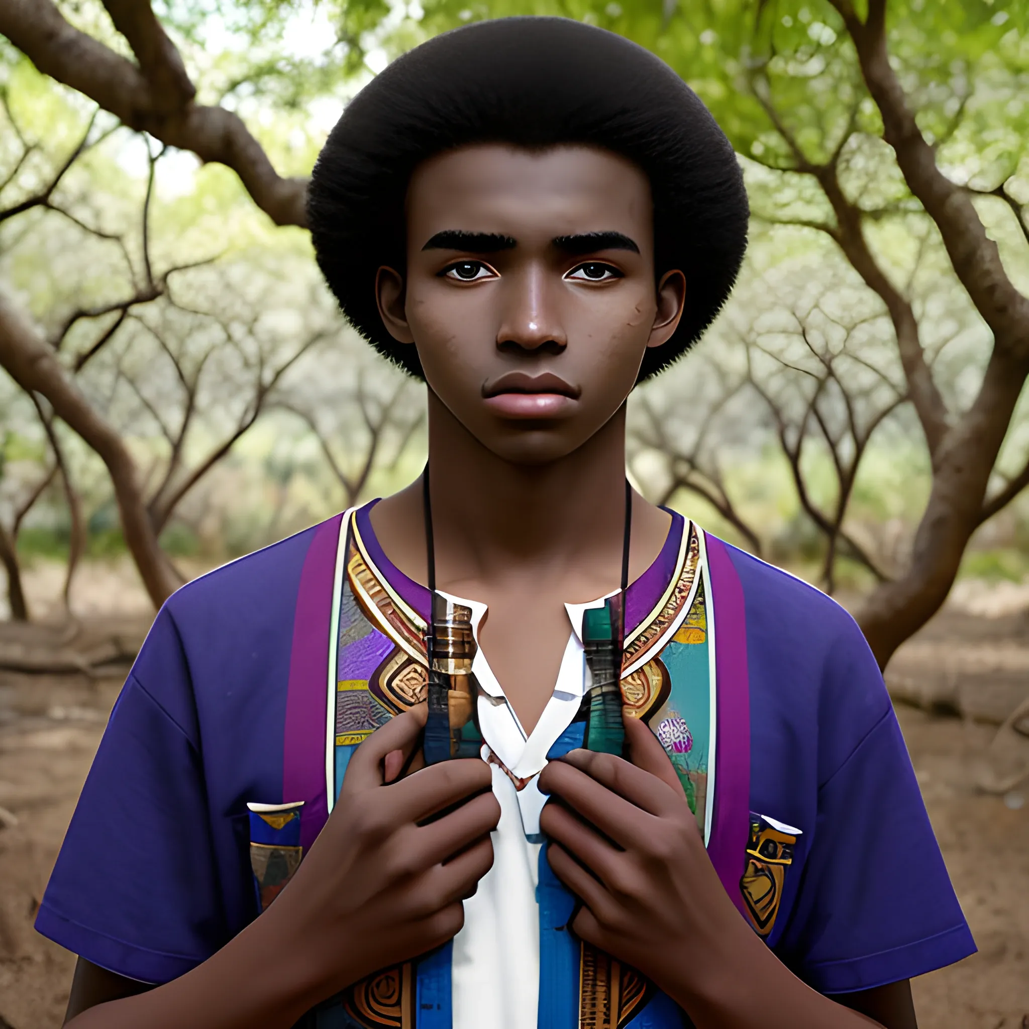 Joven de 18 años, africano con rasgos orientales, simetría perfecta, cejas pobladas y mirada profunda, en un bosque alienigena con árboles color violeta y hierbas color azul.