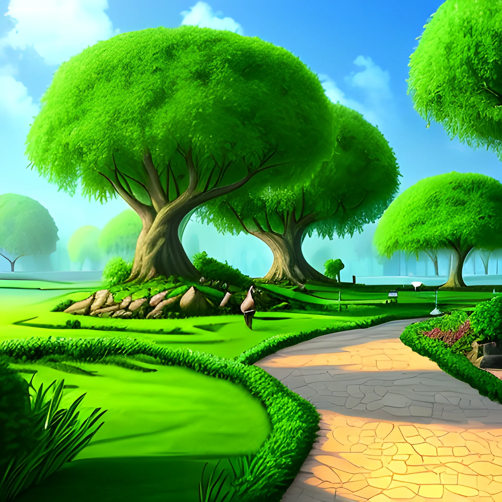 A fantasy place with pleasant temperature with green trees , Cartoon