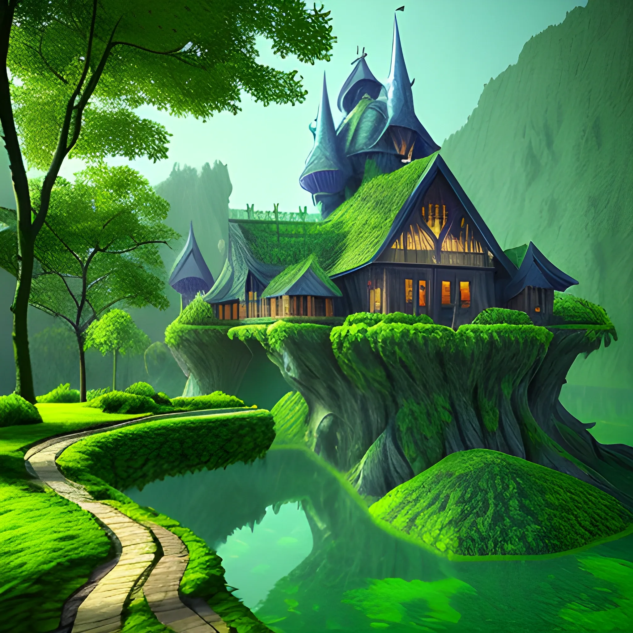 A fantasy place with pleasant temperature with green trees , 3D