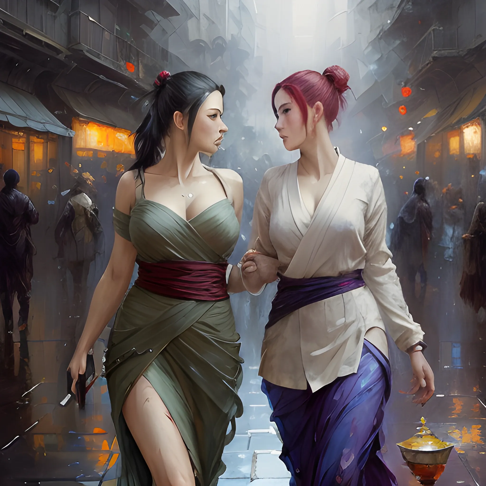Maki jujutsu kaisen concept art by Pino Daeni, Jeremy Mann, Greg Rutkowski, Konstantin Razumov, Vladimir Volegov, full human height drawing, Blur in out of focus parts of image, two female Skandinavian  models with curvy bodies, first time lesbian ladies aggressive flirting each other,perfectly shaped hands and fingers, wearing shining night dress, bokeh background, picturesque,, Oil Painting