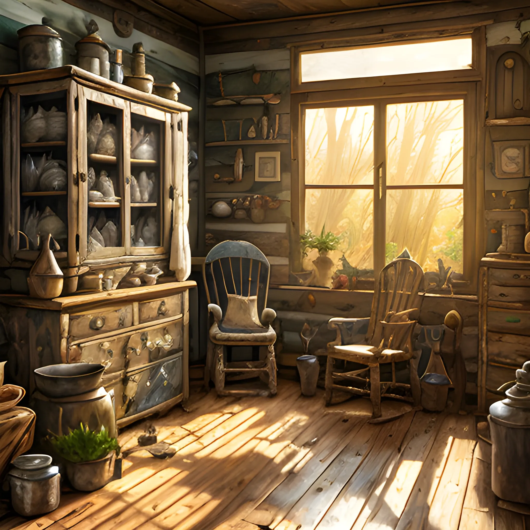 expressive rustic oil painting, interior view of a cluttered herbalist cottage, waxy candles, cabinets, wood furnishings, herbs hanging, wood chair, light bloom, dust, ambient occlusion, morning, rays of light coming through windows, dim lighting, brush strokes oil painting, 3D