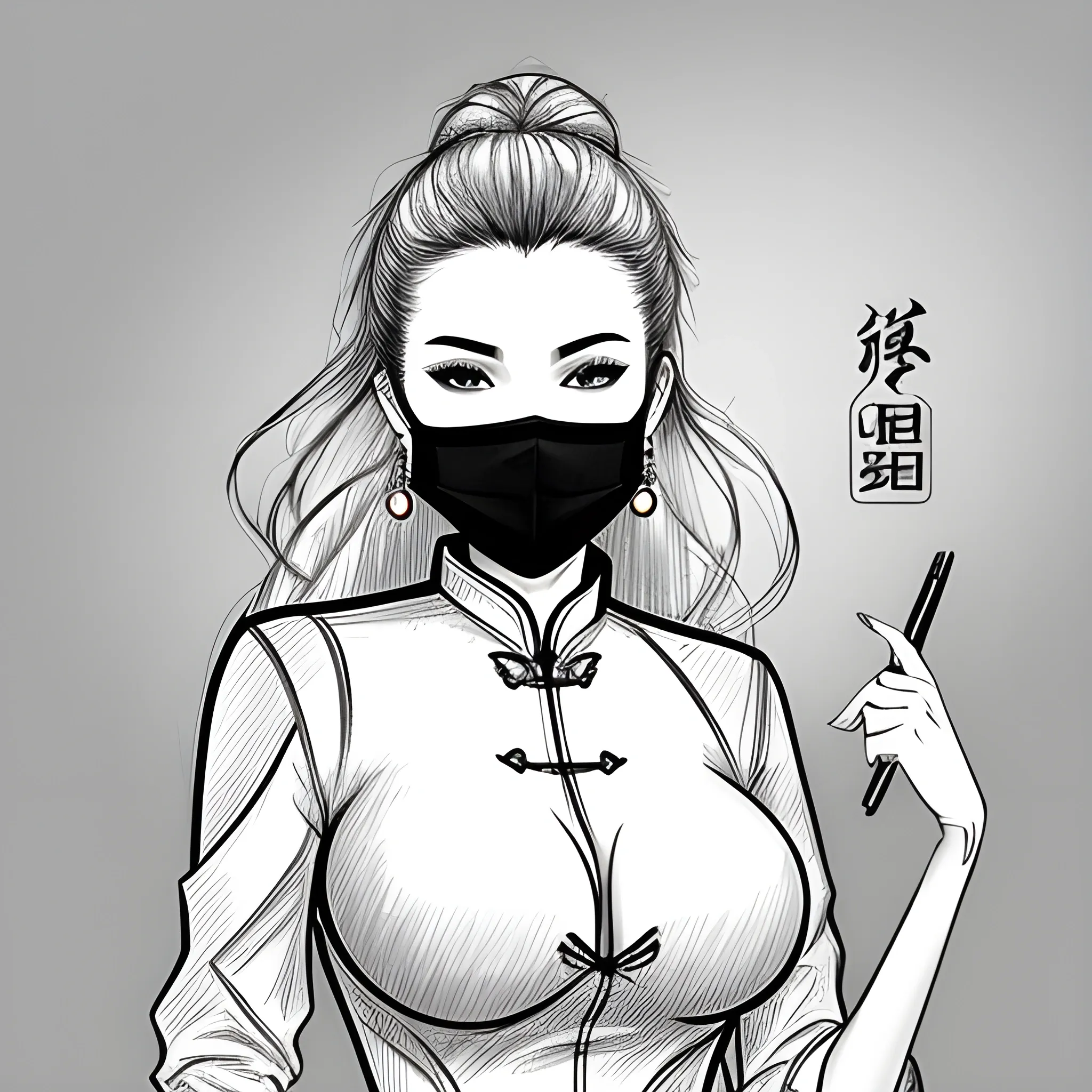 good hand, 4k, best quality, chinese, in the workplace, wearing face mask, business outfit, sweaty, sharp focus, soft lighting, skinny, enormous breasts, 1girl, jewelry, earrings, long hair, blond hair, extremely messy hair, Pencil Sketch